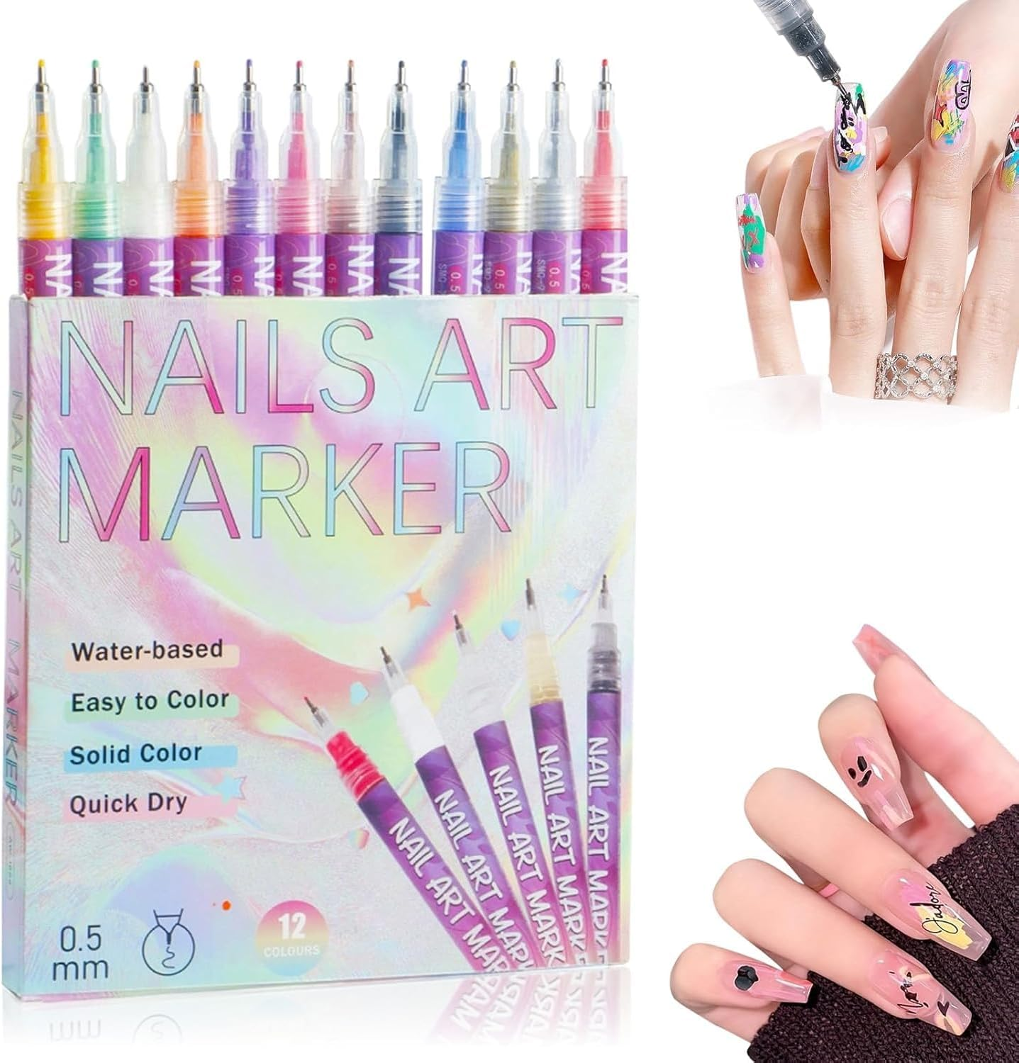 Vibbang 12 Colors Nail Art Pens, 3D Nail Polish Pens, 0.5MM Nail Art Marker Set Graffiti Dotting Pen, Nail Art Tools for Polishing Dotting Liner Painting, Nails DIY Design Home & Salon Use image number 4