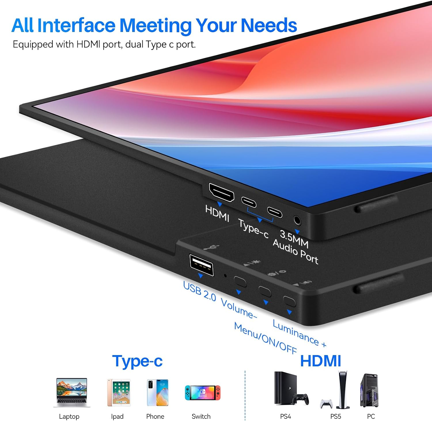 14 Inch Touchscreen Portable Monitor 1200P Slim and Lightweight Bezel Less FHD IPS HDR Gaming Monitor, Laptop Travel Sub-Monitor with Built-In Speakers and VESA for Laptop Mac PC Xbox PS4/5 Switch image number 1