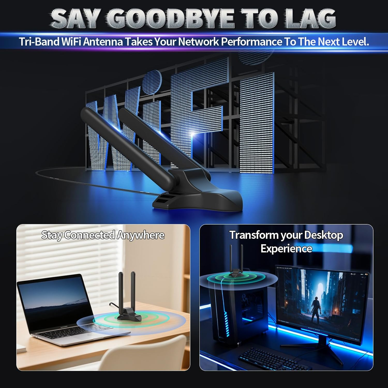 Bingfu Wifi 6E Antenna with Magnetic Base, 3Dbi Gain Tri-Band 2.4/5.8/6Ghz RP-SMA Antenna with 2M Cable for Wi-Fi Router, Pcie Wireless Network Card, USB Adapters, Desktop PC