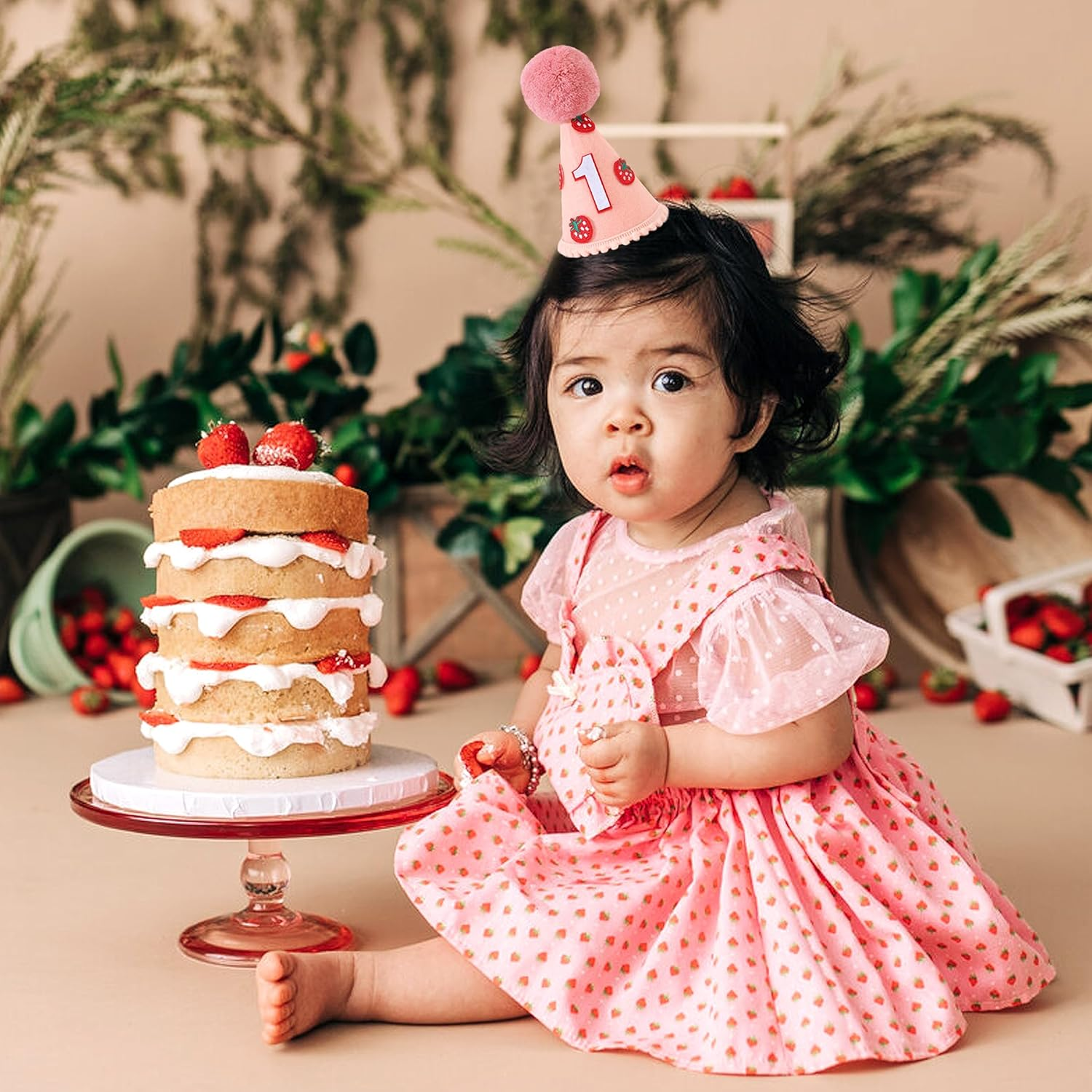 Agkvw Strawberry 1St Birthday Hat - Sweet One Birthday Decoration, Strawberry Birthday Crown, Pink Felt First Birthday Hat for Baby Girls image number 3