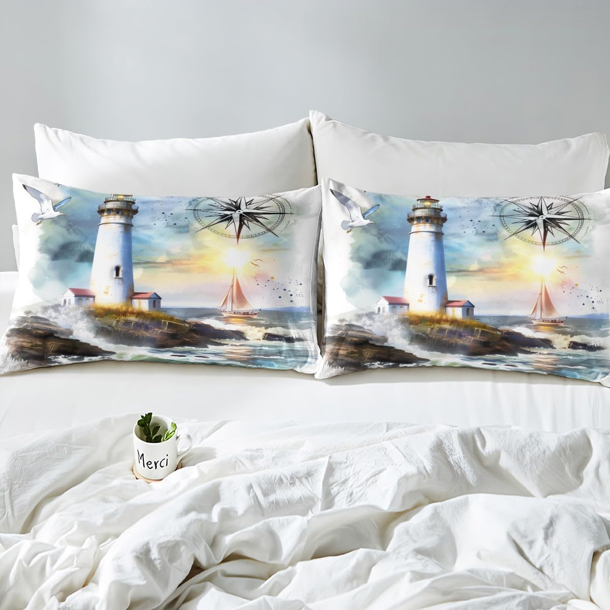 Homewish Bedding Set 155 X 220 Cm, Lighthouse Retro Sailing Boat Duvet Cover Compass Watercolour Comforter Cover Beach Ocean Adventure Theme Bed Set for Children Boys Teens Adult Bedroom Decor image number 4