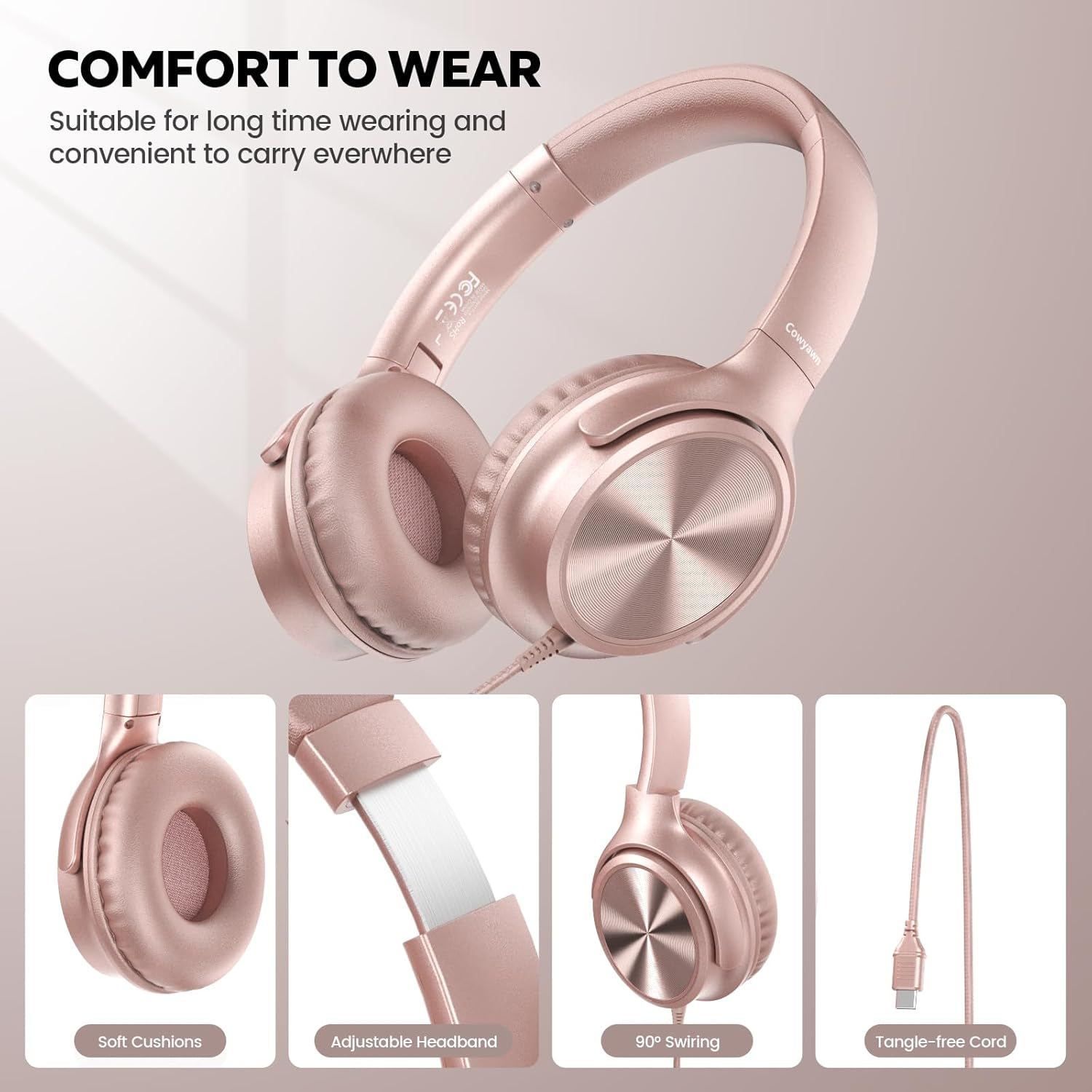 Cowyawn over Ear Headphones Wired, Foldable 3.5Mm Wired Headphones with Microphone, Volume Control, HD Stereo Sound, Lightweight Headphones for Adult/Teens/Chromebooks/Laptop/Computer/Tablets, Rose image number 3