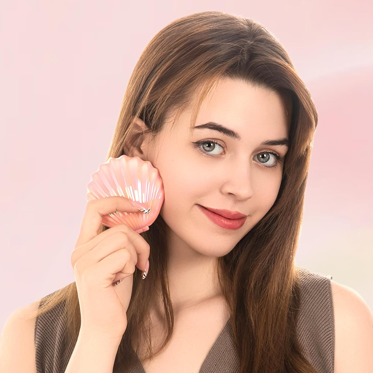 Maji Mama Foldable Travel Hair Brushes with Mirror Shell Shape Portable Folding Pocket Hair Brush Mini Hair Comb Compact Size Hair Massage Comb (Pink)