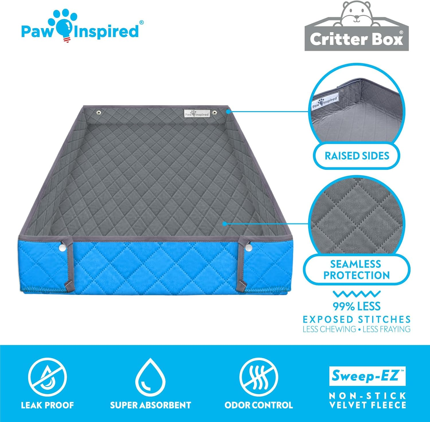 Paw Inspired Critter Box Washable Cage Liner, Reversible Fleece Bedding with Raised Sides for Guinea Pigs and Other Small Animals (C&C 2X3 (14" Grids), Gray/Blue)