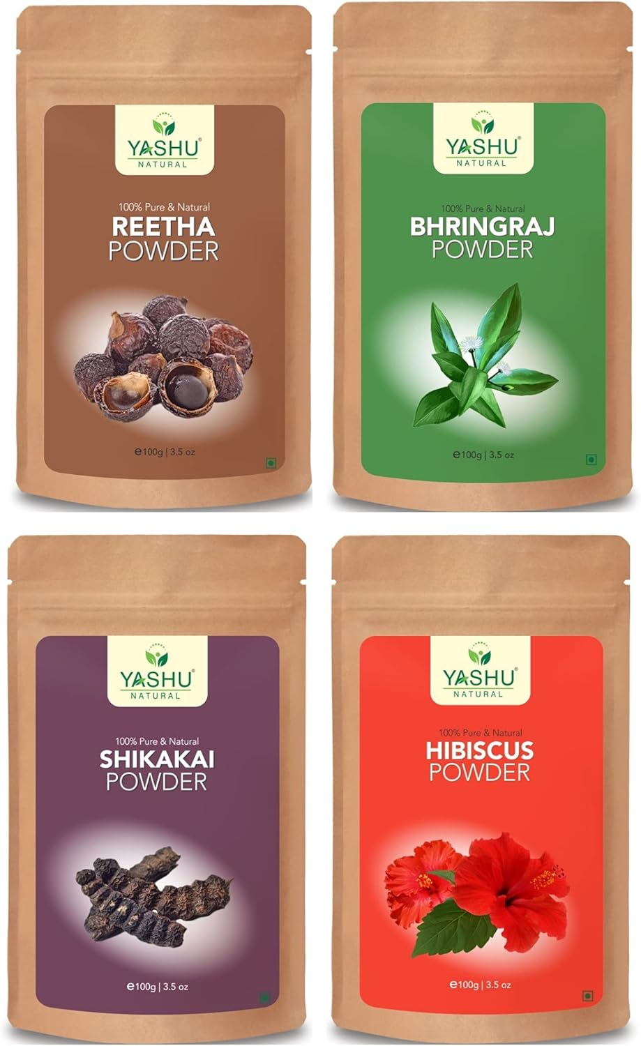 YASHU Pure Organic Hibiscus Shikakai Reetha Bhringraj Powder for Hair Fall Control | Hair Pack Combo for Dried & Damaged Hair | Pack of 4 (400G) image number 2