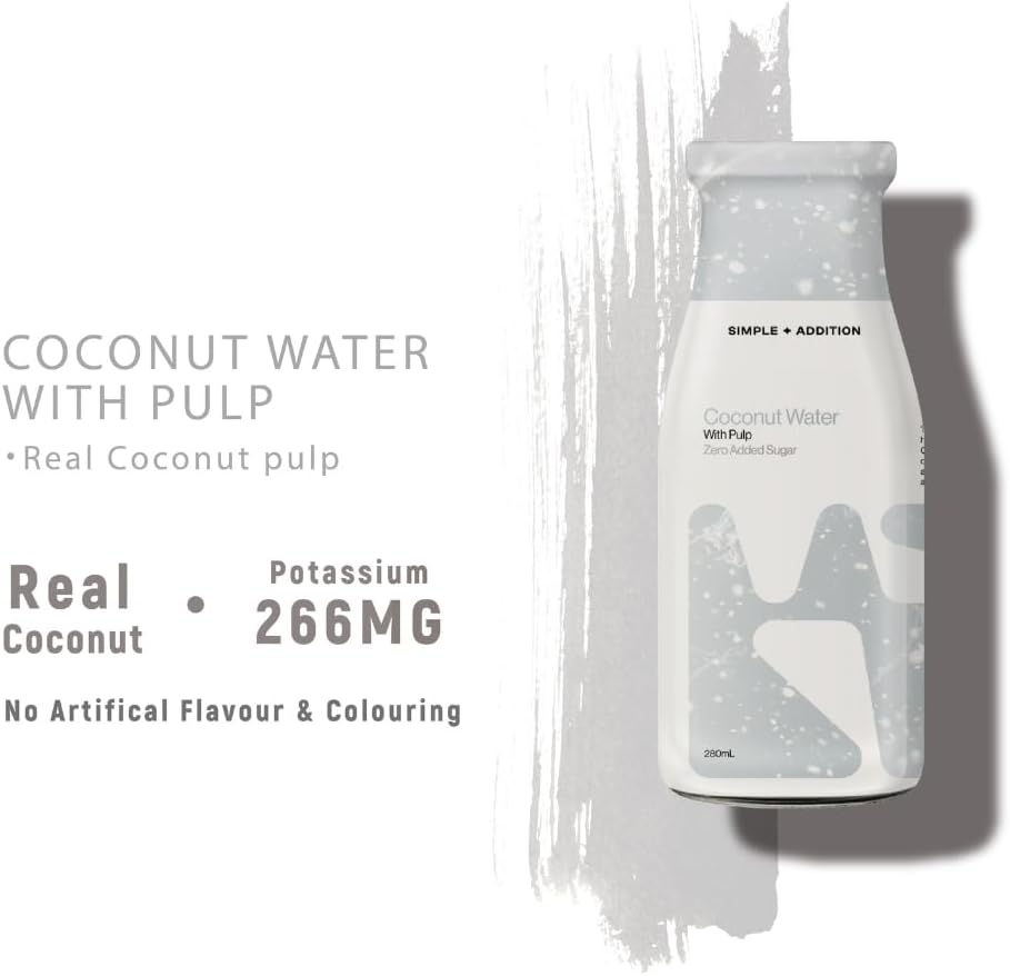 Simple + Addition Coconut Water with Pulp | 12 X 280Ml Glass Bottle. Refreshing, Potassium Rich Natural Coconut, Zero Added Sugar, Amazing Flavour & Hyper Hydration