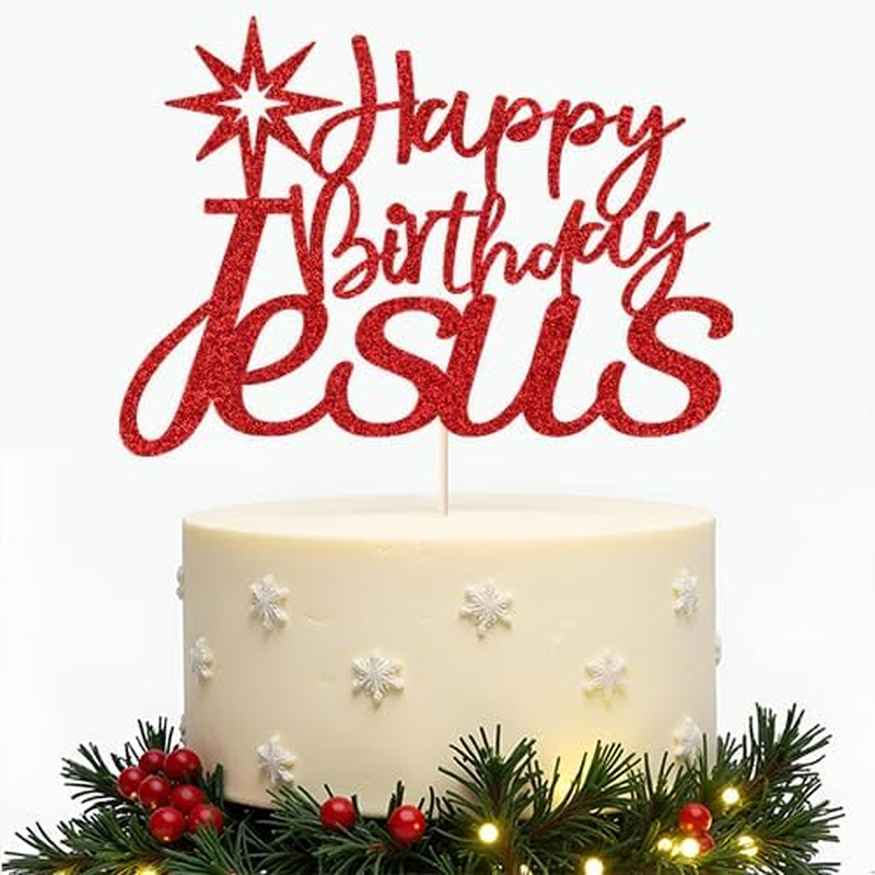 Sparkling Happy Birthday Jesus Cake Toppers - Jesus Birthday, Good Friday Cake Decoration、 Easter Party Decorations, Christmas Party Decoration Supplies (Red) - 3 image number 6