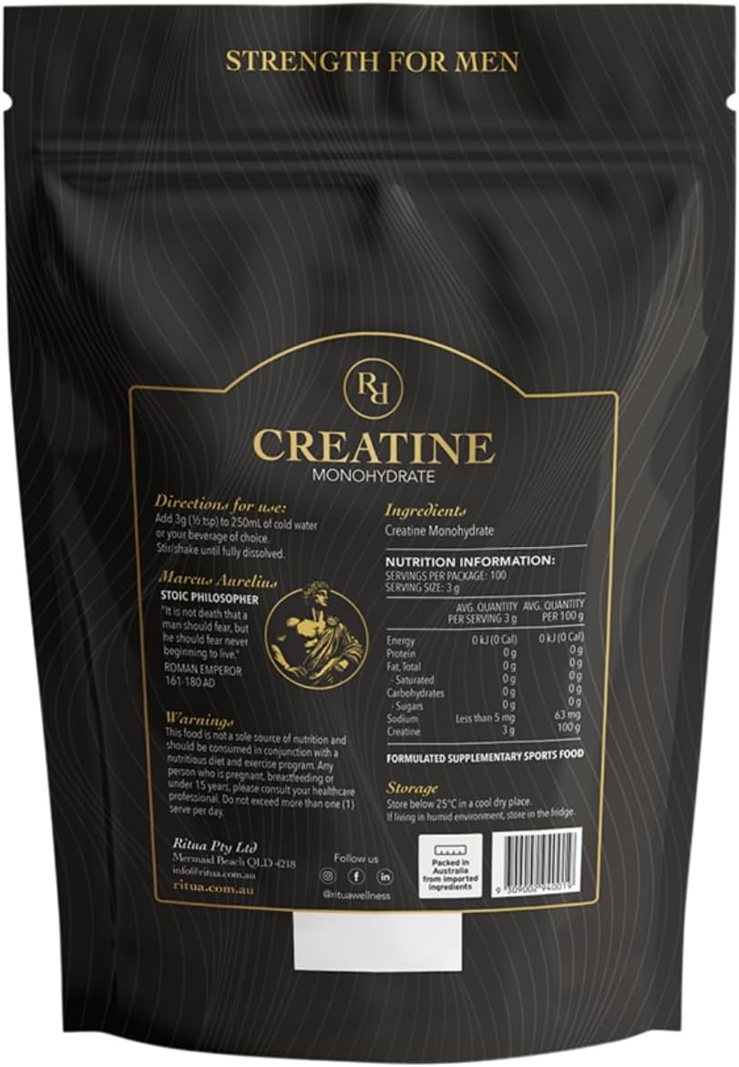 RITUA Creatine Monohydrate for Men, 100% Micronised, Unflavoured, Easy-Mixing Powder, 250G