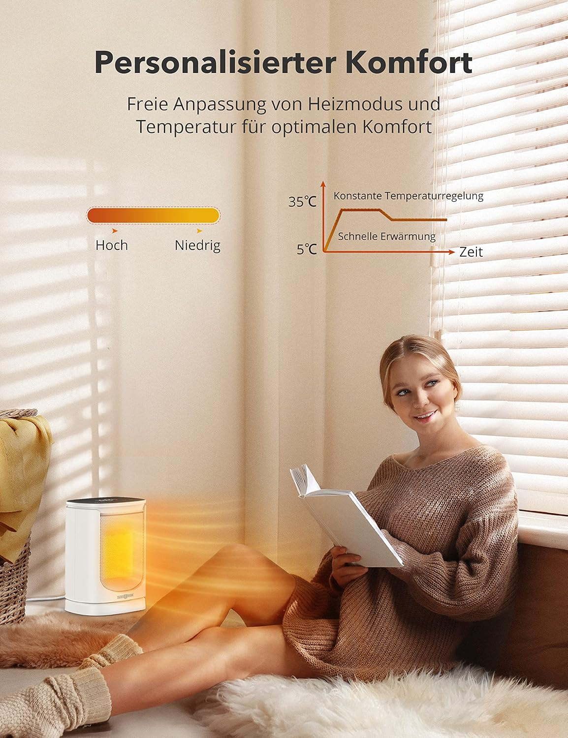 Paris Rh&ocirc;ne Fan Heater, Energy Saving, 2000 W Mini Fan Heater with Automatic Oscillation Thermostat, 12 Hour Timer, 70&deg; Oscillation for Bathroom, Bedroom, Office image number 3