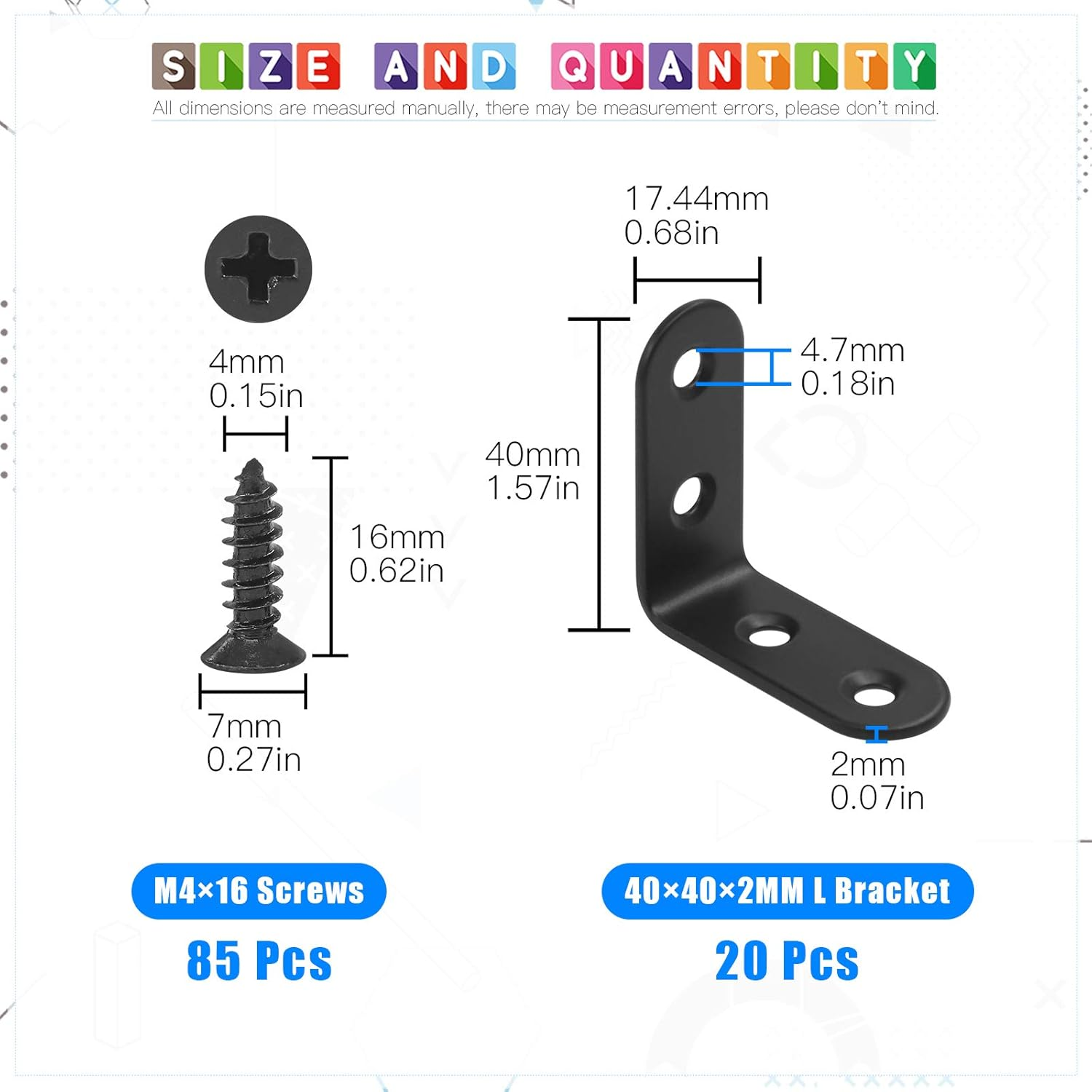Glarks 20 Set 40Mm Black L Angle Bracket Corner Brace Joint Fastener for Wood Chair Bookshelf Board Window Furniture Cabinet (40X40X2Mm) image number 4