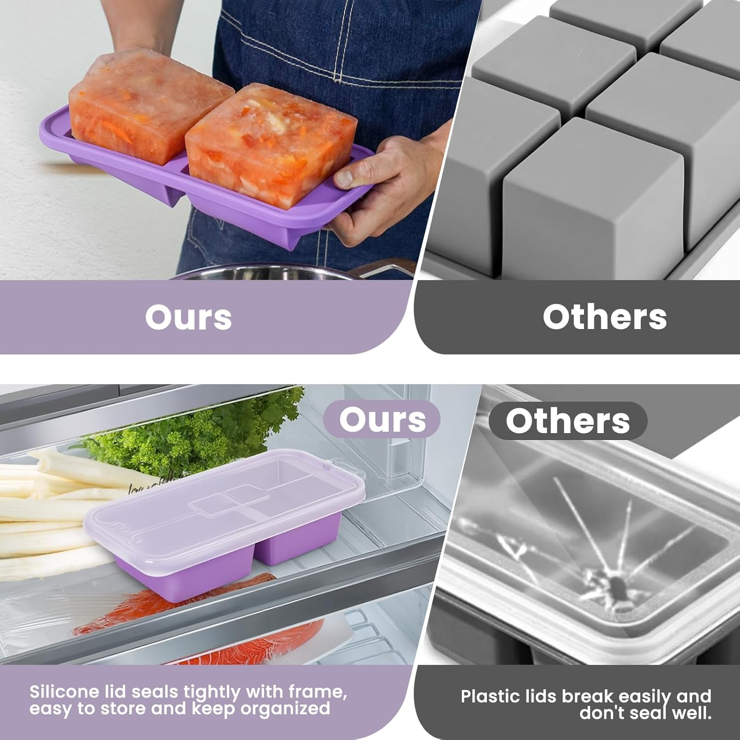 Dawntress Silicone Freezer Tray with Lid - 3Pack Soup Freeze Container Molds Gift Set, Kitchen Portion Food Storage for Freezing Sauce, Broth, Rice, Leftovers and Meal Prep, BPA Free - 1/2, 1, 2 Cup image number 2