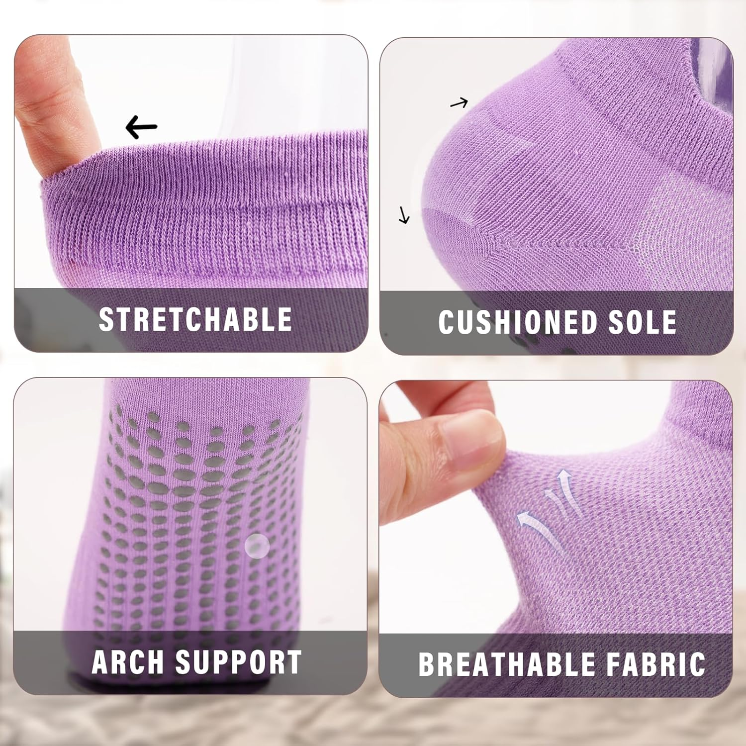 Viiotu 4 Pairs Pilates Socks for Women, Reformer Pilates Grip Socks with Breathable Mesh Yoga Socks, Non Slip Grip Socks for Dance Barre Barefoot Workout Ballet - White Black Purple Pink image number 6