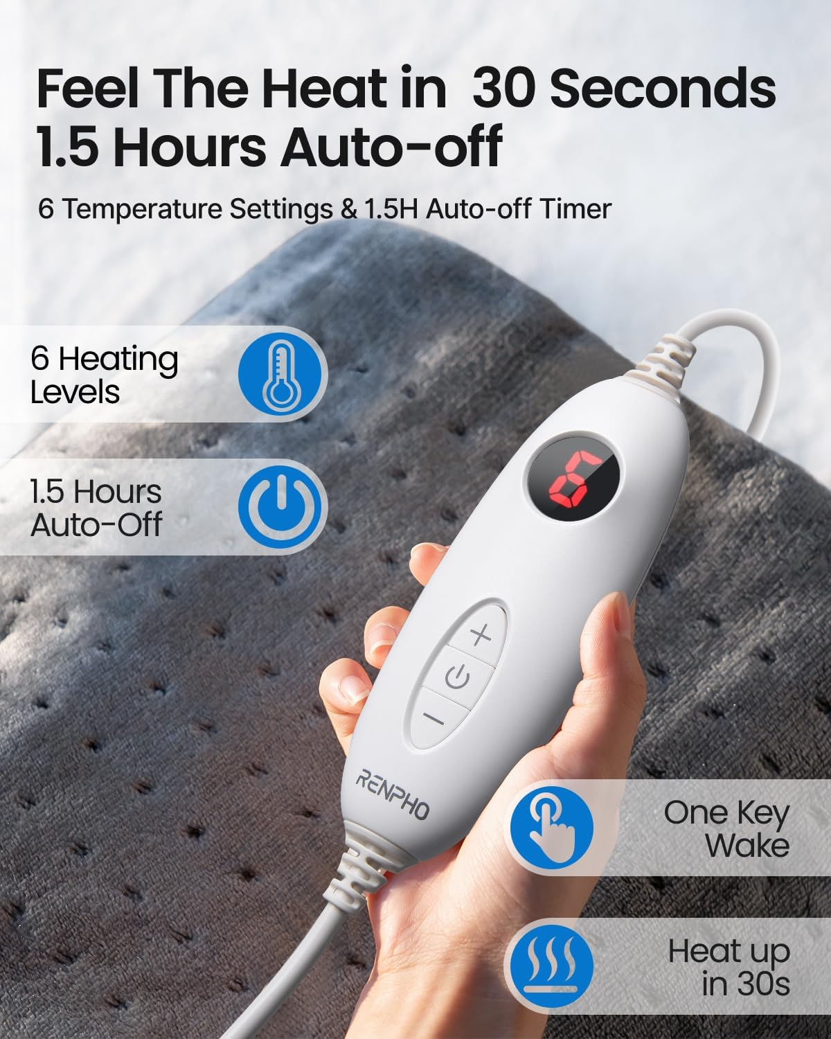 RENPHO Heating Pad, Electric Heat Pad for Back Pain and Cramps Relief, Mothers Day Gift, Birthday Gifts for Women Men, Fast Heated, Auto Shut Off, Machine Washable, Ultra-Soft 61X31Cm Gray image number 2