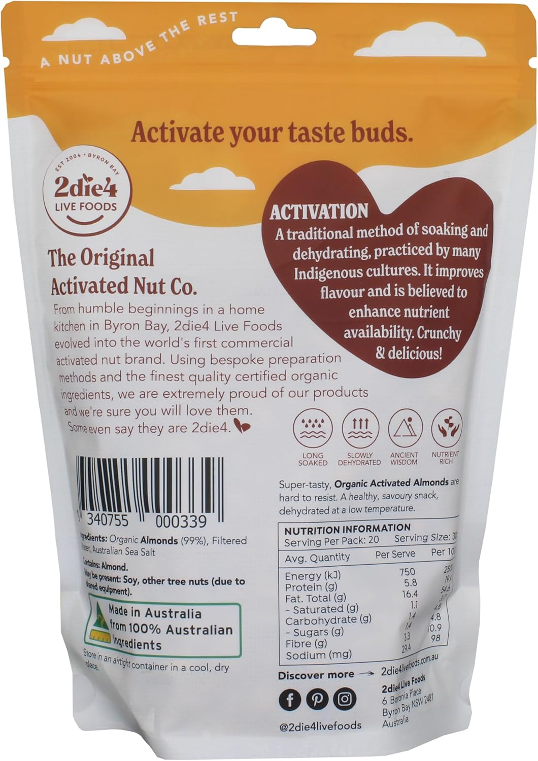 2Die4 Live Foods Activated Organic Almonds 600G image number 1