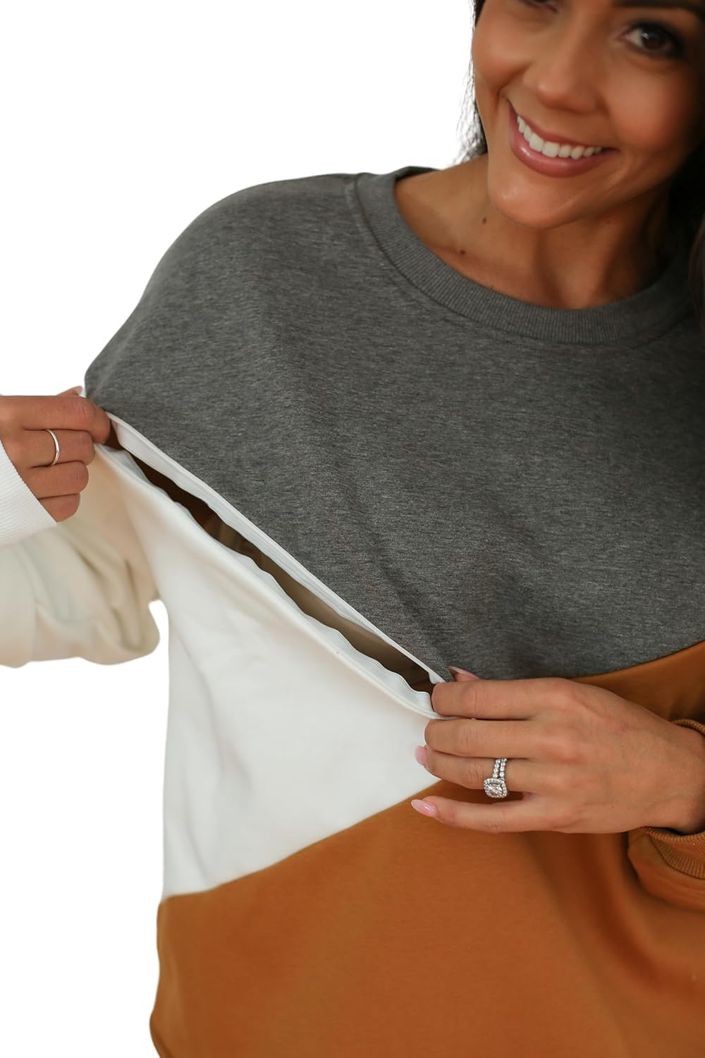 Movemama Women'S Breastfeeding Colorblock Diagonal Zip Nursing Sweatshirt with Velour Interior image number 1