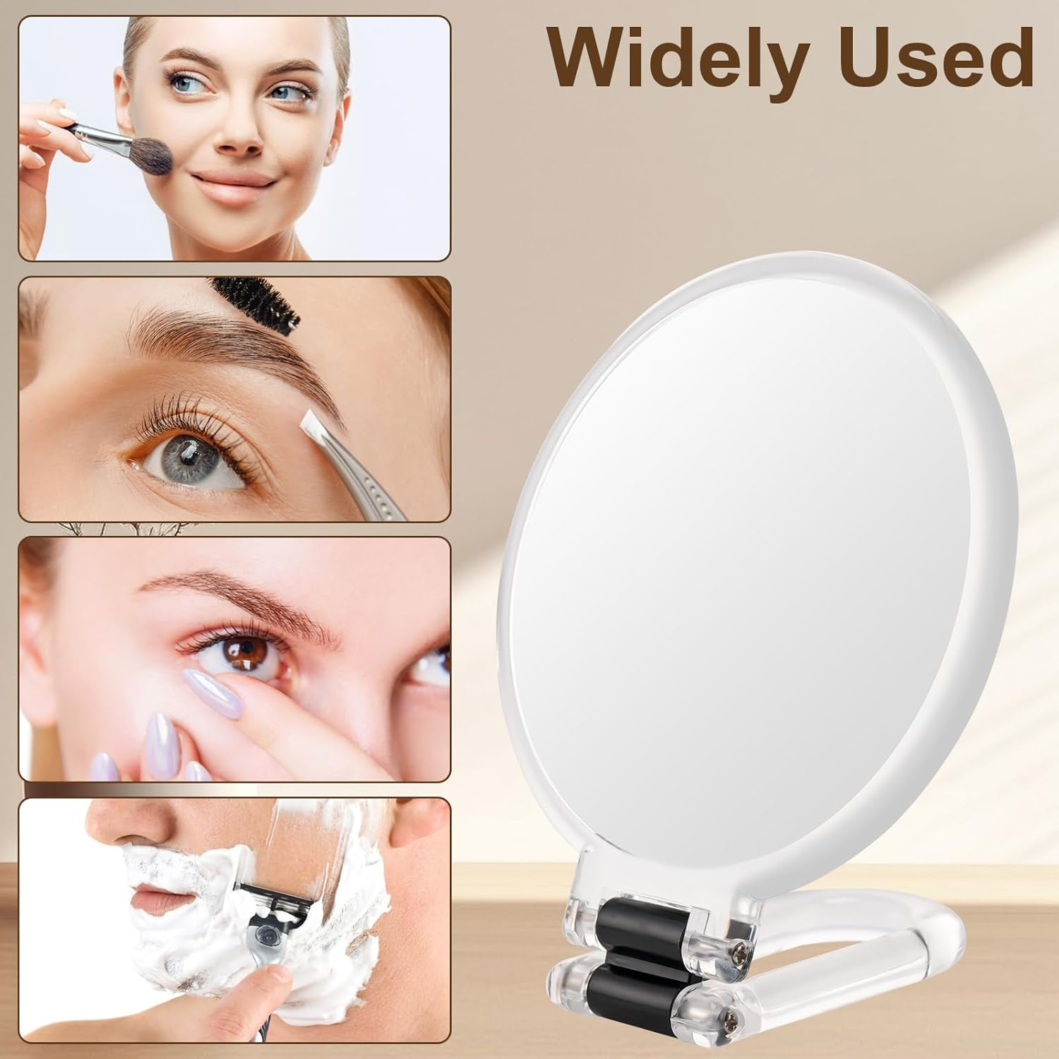 BOOMIBOO 1X/10X Magnifying Handheld Mirror Double Sided, Foldable Travel Makeup Mirror, Adjustable Rotation Pedestal Hand/Hanging/Desk Vanity Mirror-Clear - Clear image number 5