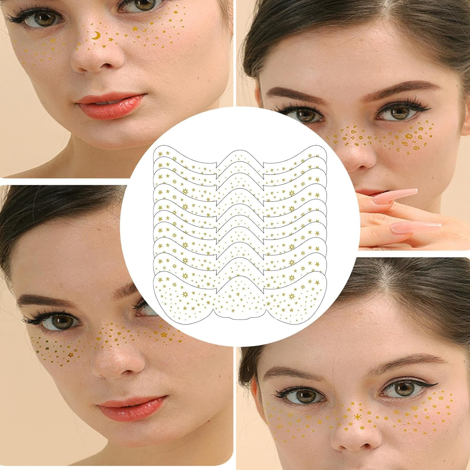 Gold Glitter Freckles Face Tatto | Stardust Speckle Makeup Patches | 10Pcs Temporary Fake Spots Makeup Sticker | Temporary Fake Freckles | Dancer Costume Accessory image number 1