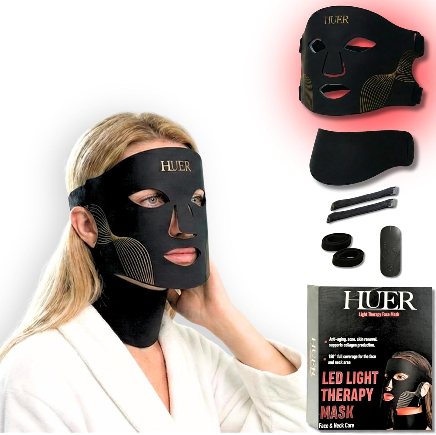 HUER LED Light Therapy Mask Face and Neck - Professional Red Light Therapy Device for Anti-Aging, Wrinkles & Pigmentation - Clinical Grade 309 Leds Face Mask for Glowing Skin & Sun Damage Repair image number 4