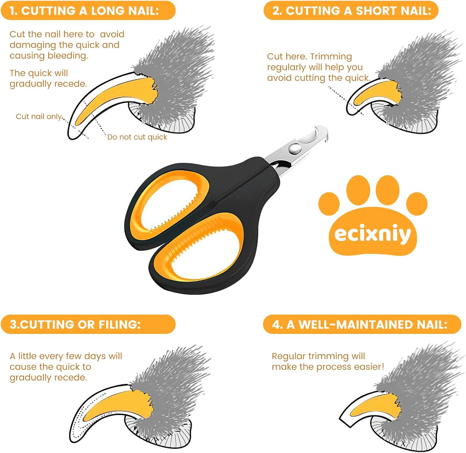 【Ecixniy】Premium Ergonomic Pet Nail Clippers for Cats, Dogs and Small Animals - Anti-Slip Sharp & Safe Design for Claw Trimming(Orange) image number 3