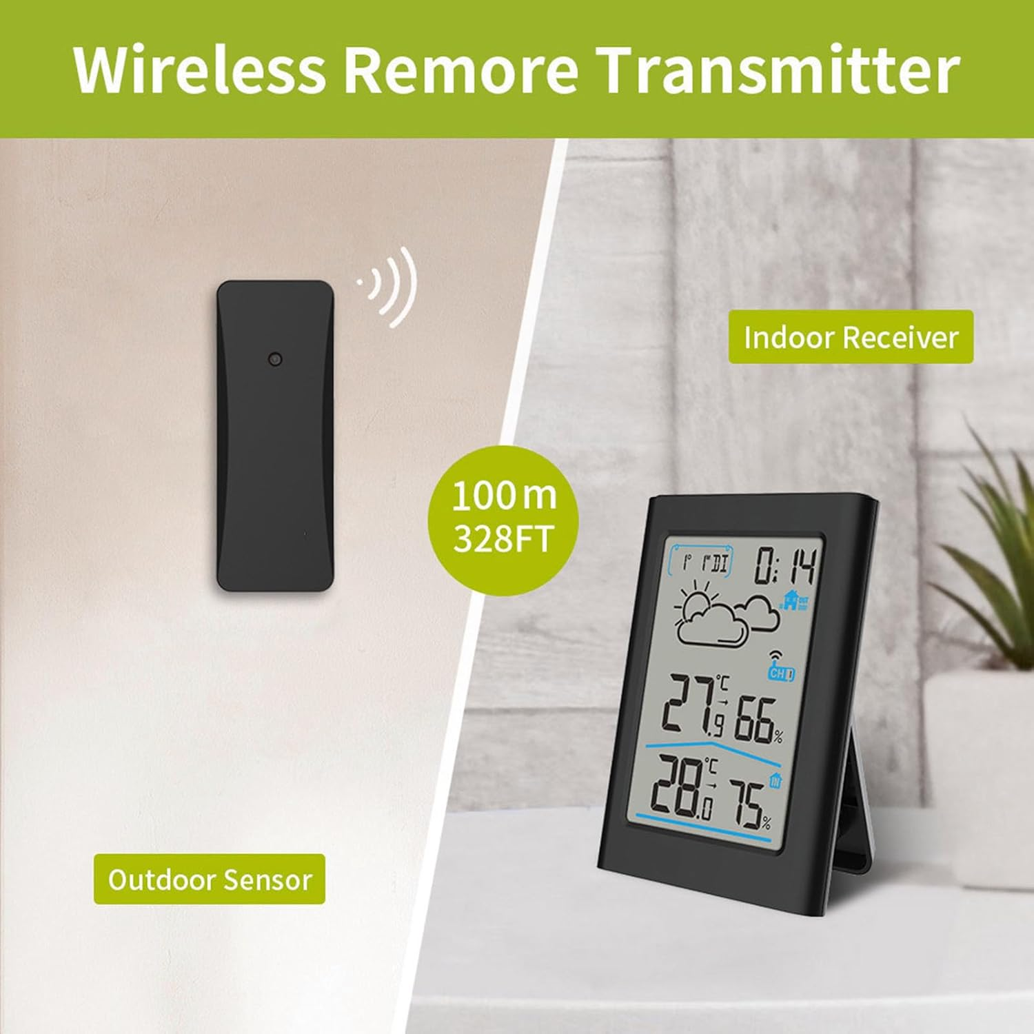 Zopsc Indoor Outdoor Digital Temperature Gauge, Digital Weather Thermometer with Wireless Alarm Clock Date for Outdoor Temperature and Daily High Low Records image number 2