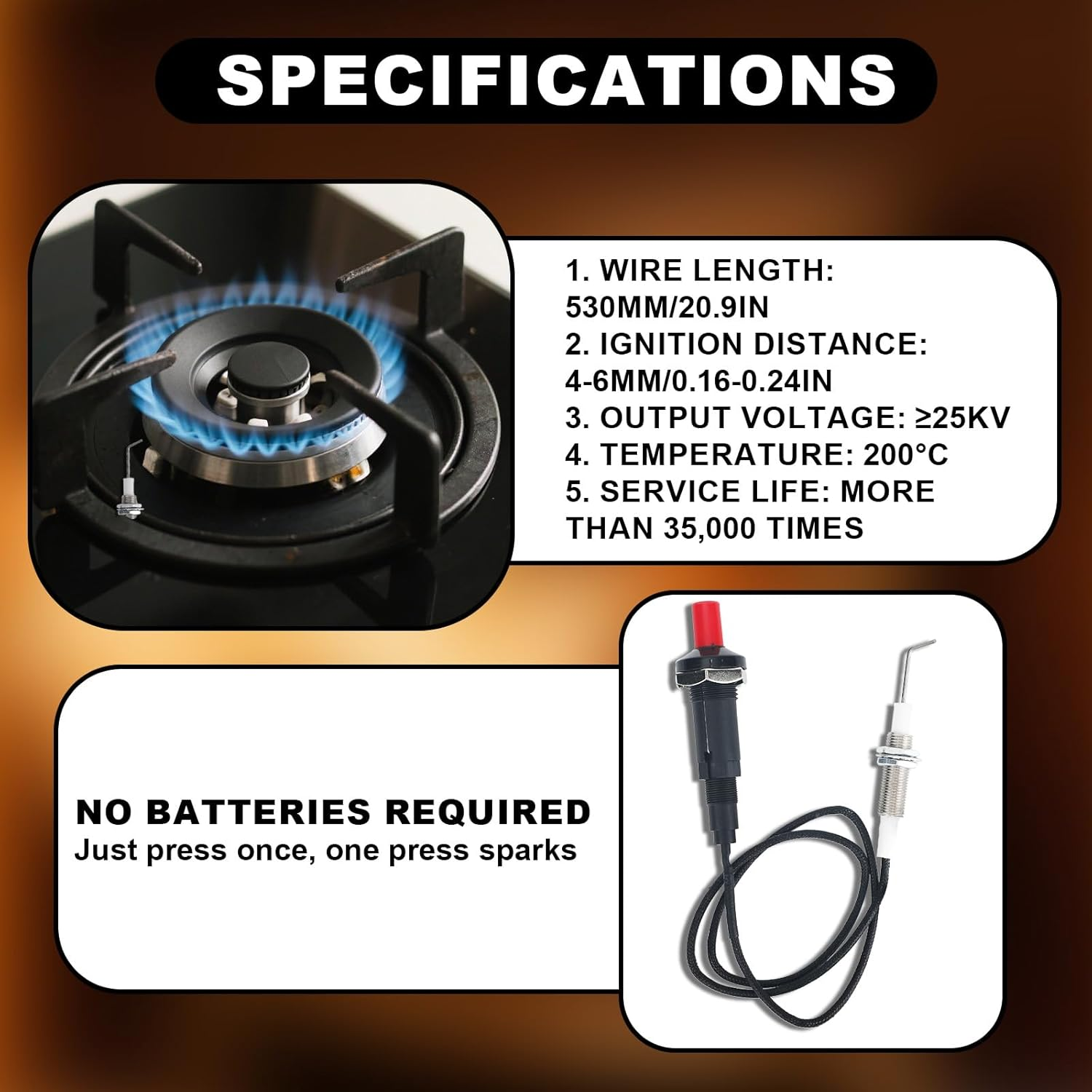 4Pcs Propane Push Button Piezo Igniter Kit, with Ceramic Electrode & Long Wire, Piezo Spark Igniter for Oven Fireplace Gas Grill Heater Stove