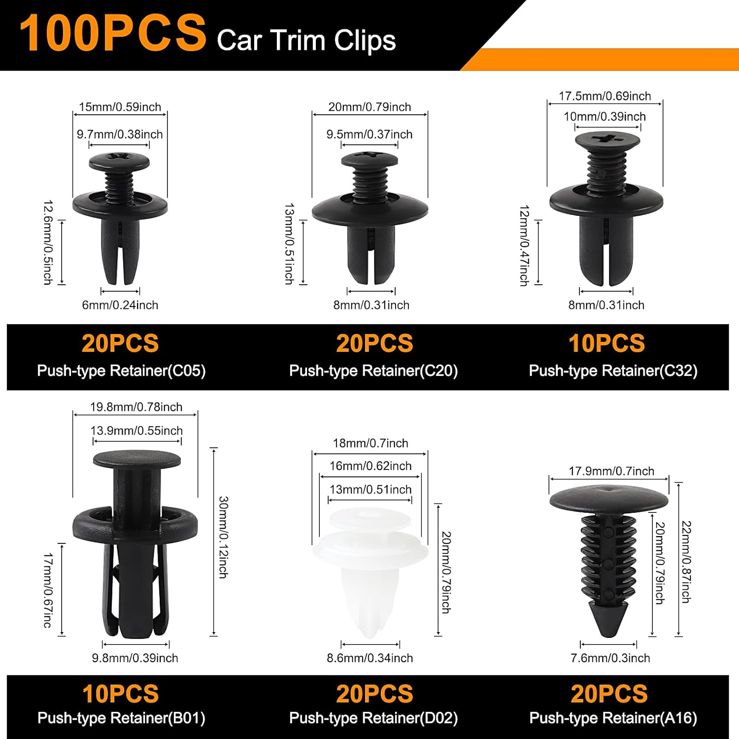 100 Pcs Push Car Trim Clips, 6 Universal Plastic Rivets with Removal Tool, Car Retainer Clips for Bumpers, Fenders, Door Trim Panels image number 3
