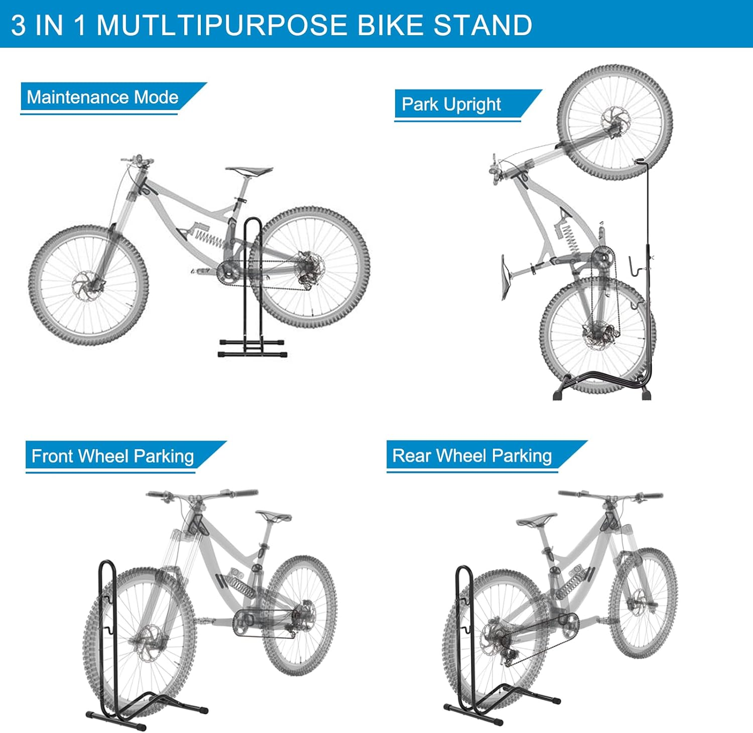 Bike Stand Freestanding Bicycle Stand Space Saving Vertical Bike Storage for Mountain/Road/Kids Bike. Bicycle Floor Parking for Indoor/Outdoor. Bike Rack for Maintenance 3 in 1 Repair Stand. image number 6
