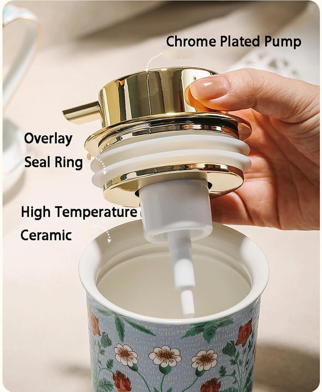 Countertop Soap Dispensers Foam Soap Dispenser with Gold Pump Vintage Ceramic Foaming Pump Bottle for Bathroom Refillable Hand Soap Foam Dispenser for Kitchen Liquid Hand Soap Dispenser