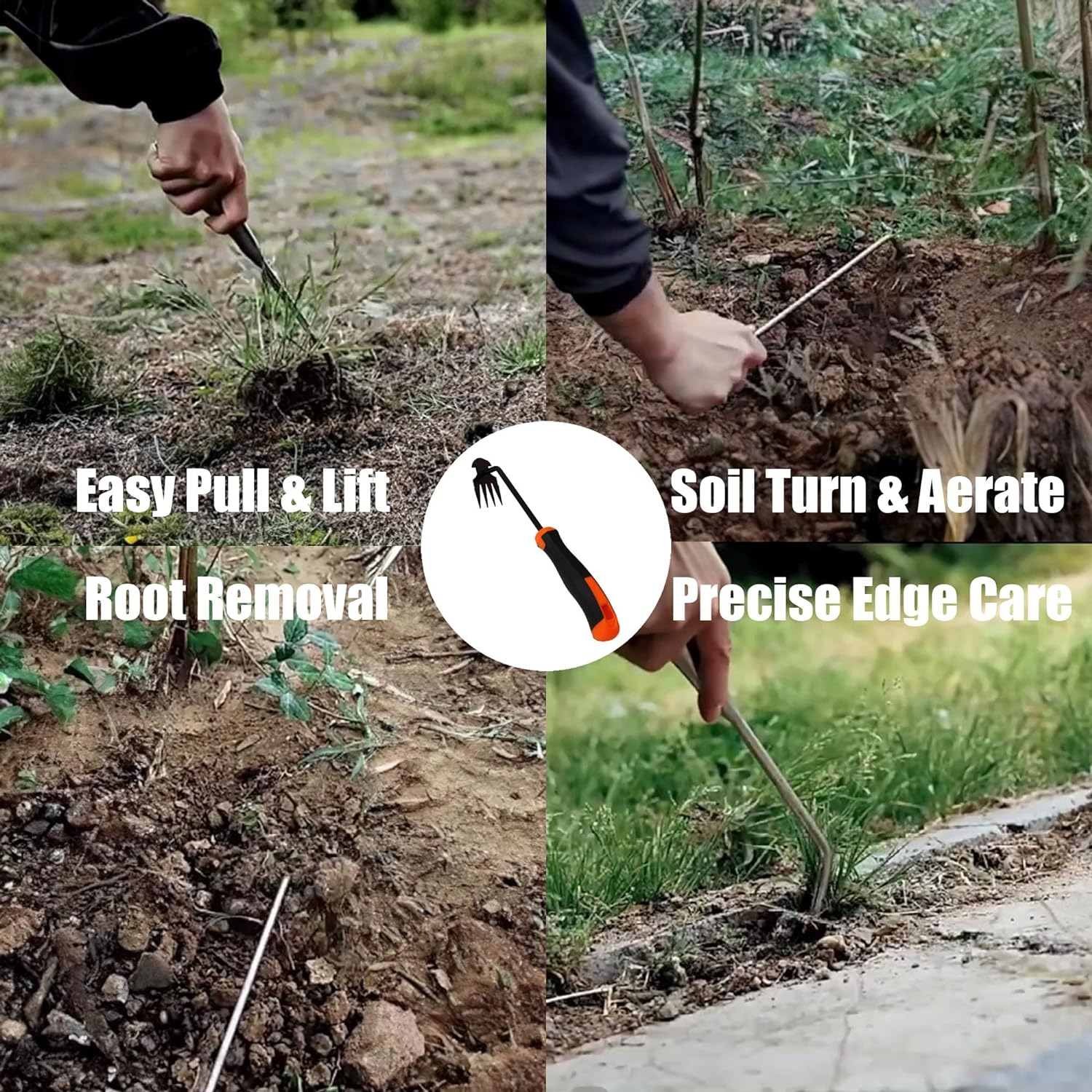 Hand Weed Puller Dual-Action 4-Claw Weeder with Ergonomic Grip Garden Tool Ideal for Garden Enthusiasts (Black) - Stainless Steel image number 6