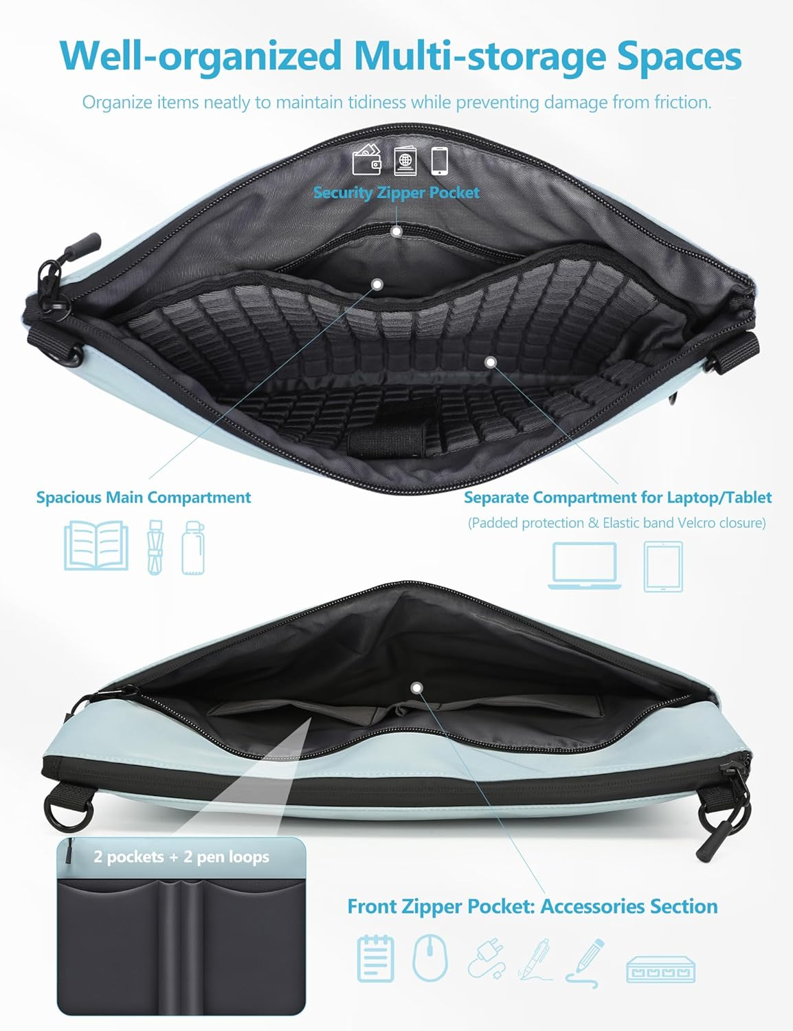 HYZUO 13.3-14 Inch Laptop Sleeve Bag for Macbook Pro 14 M5-M1, Macbook Pro/Air 13, 13" 13.3" Dell/Hp/Lenovo/Asus/Acer/Samsung Notebook, Women Dual Shoulder Bags Work Daily Handbag, Ash Blue image number 6