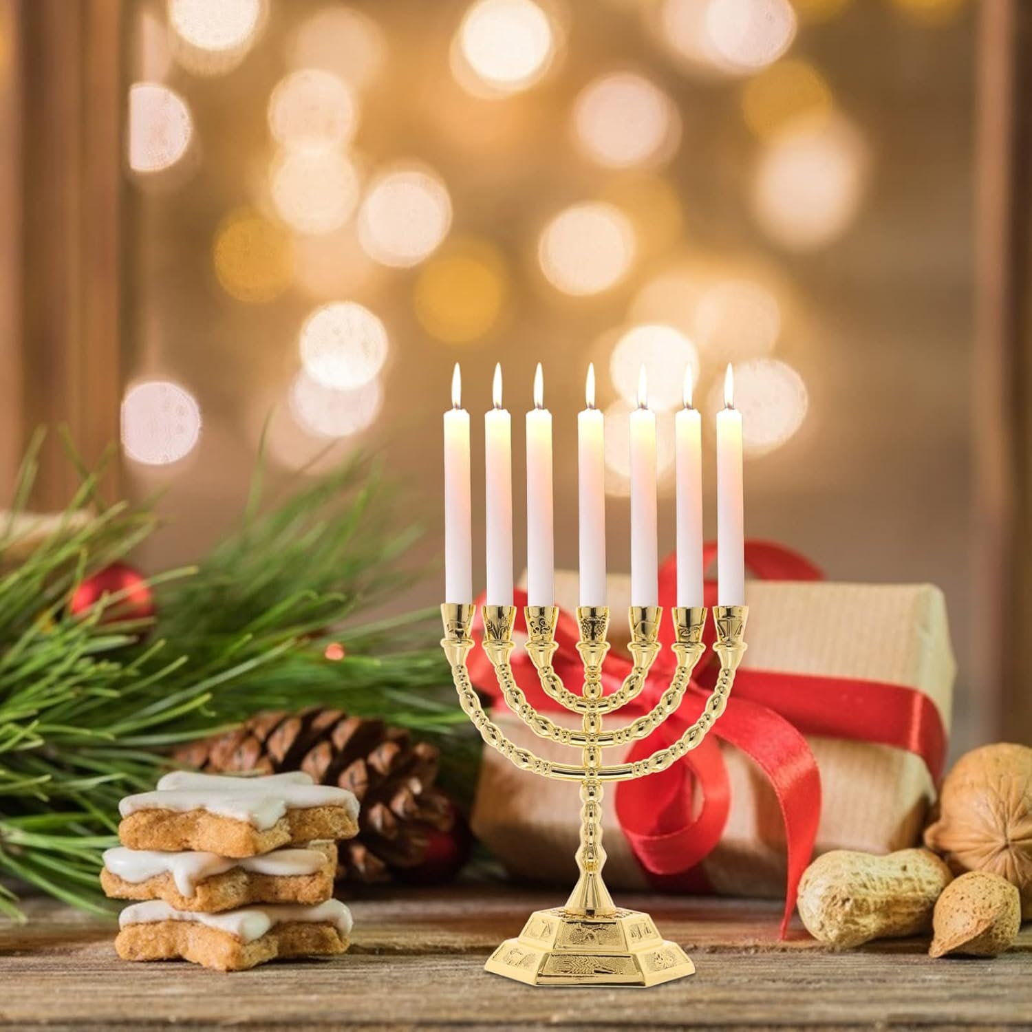 FOMIYES Seven Candle Menorah 7 Branch Chanukah Candle Minorah Jewish Candle Holder Metal Religious Menorah One Week Candlestick Stand Standard Hanukah Candle for Home Decorations image number 3