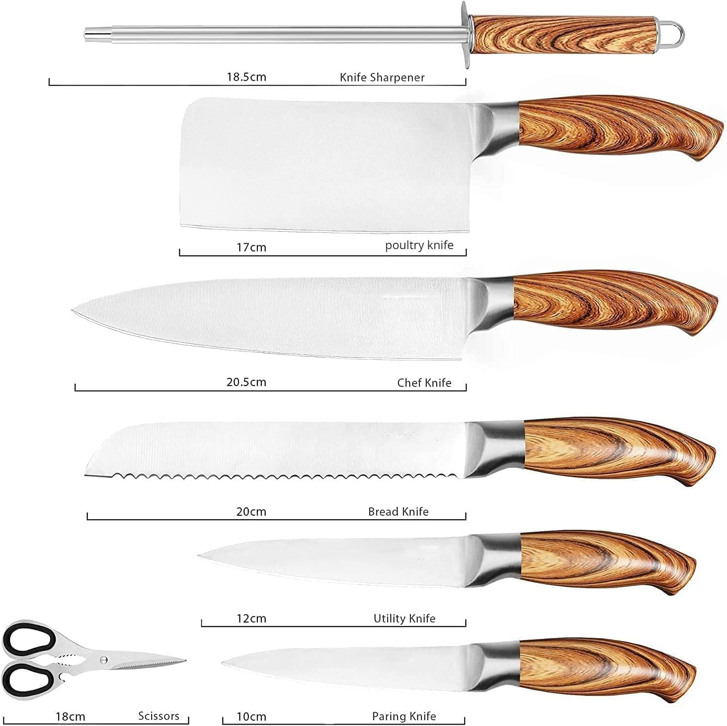 Kitchen Knife Set,6-Pieces Black Sharp Knife Set for Kitchen, Non-Stick Non-Slip Stainless Steel Chef Knife Set with Universal Knife Block Suitable for Home Restaurant (Wooden Handle Steel) image number 4