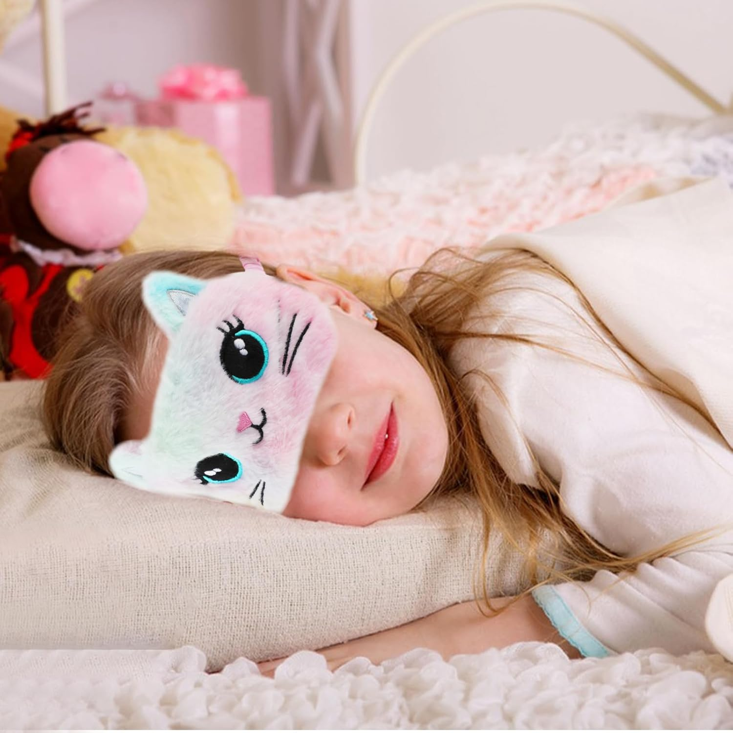 2 Pcs Plush Eye Mask Soft Sleeping Blindfold Eye Cover Comfortable Cute Animal Sleeping Mask Satin Nap Night Eyeshade Cover for Women Men Gift (Pink Muliticolor Cat Style) - Pink, Multicolor image number 4