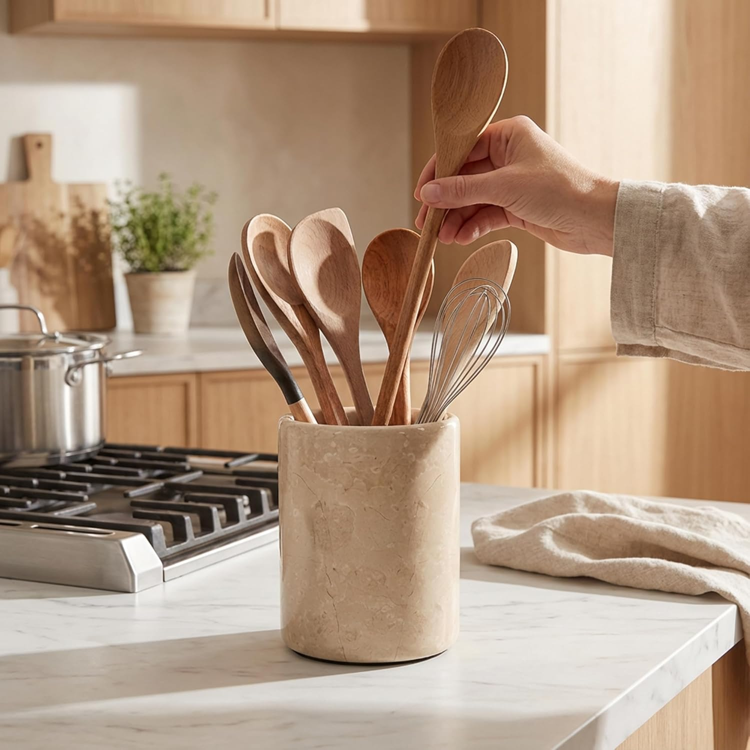 Radicaln Marble Utensil Holder 6.5'' Inches White Utensil Holder for Kitchen Utensils Set Spoon Holder & Crock Kitchen Tools for Cooking Countertop Spatula Set image number 1