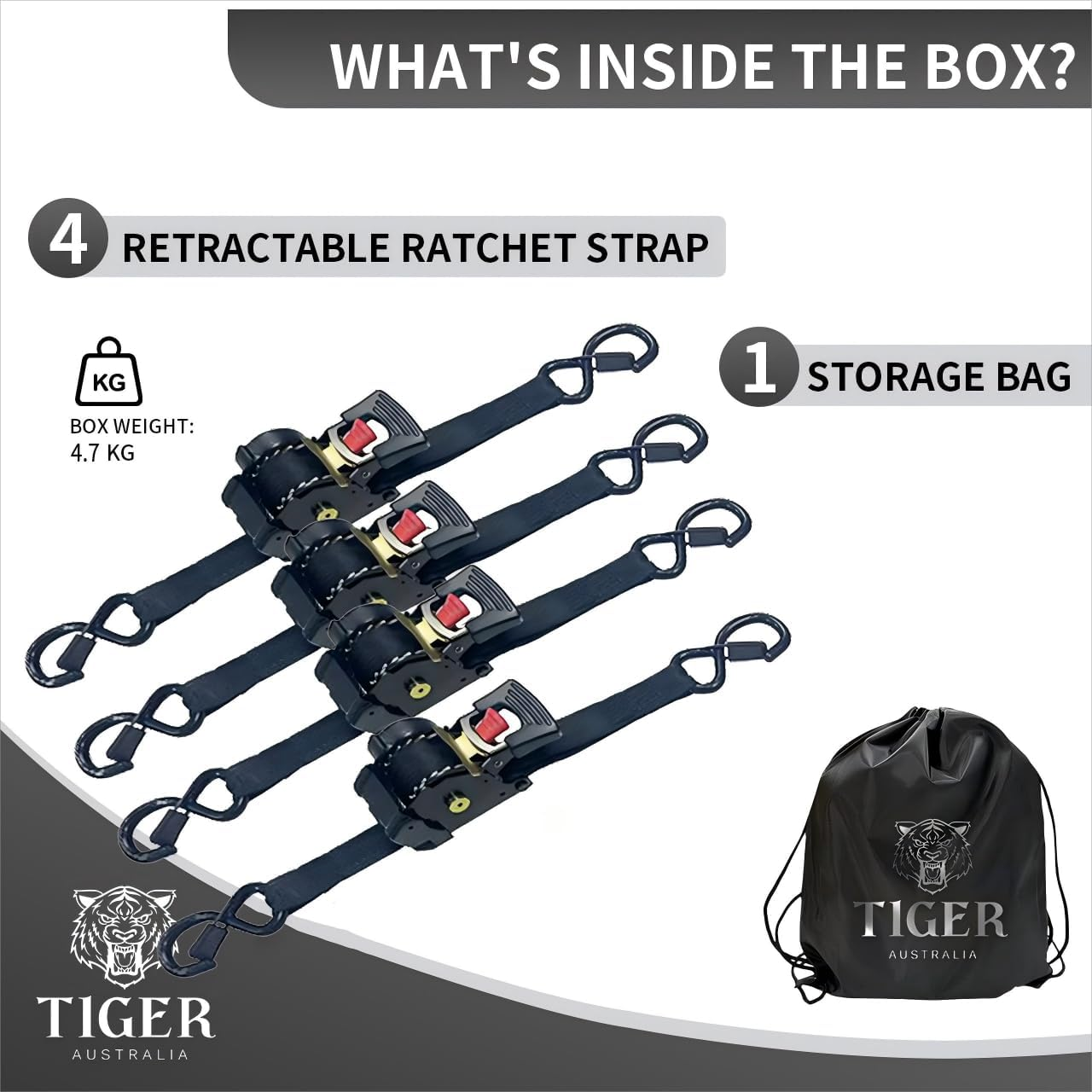 Tiger Australia Retractable Ratchet Straps 4 Pack &ndash; 25Mm X 4.5M Tie down Straps, 800KG Break Strength, with S-Hooks and Storage Bag, for Trailers, Utes, Boats, Moving