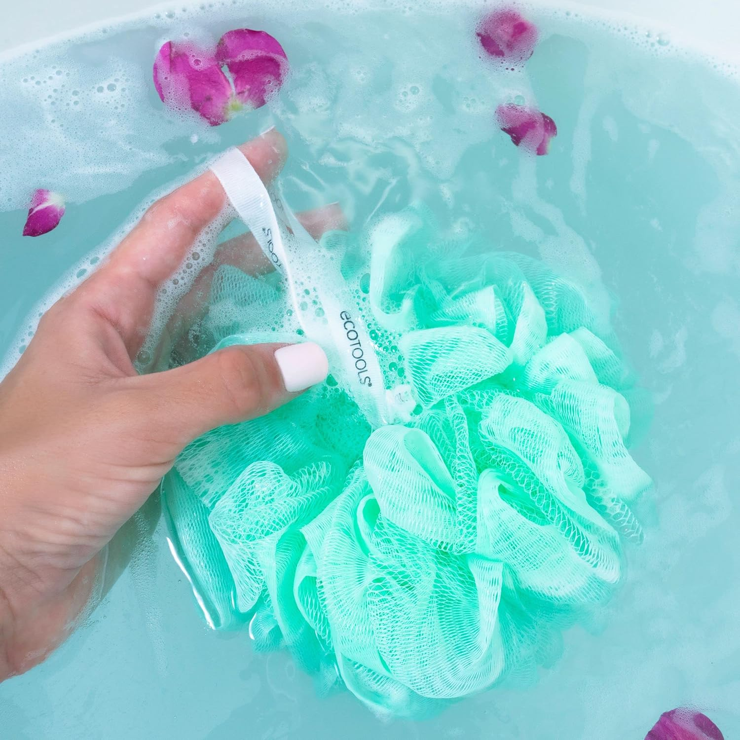 Ecotools Exfoliating Ecopouf, Shower Loofah Scrubs & Cleanses, Pouf with Recycled Netting, Exfoliation Removes Dead Skin, Eco-Friendly Bath Accessory, Cruelty-Free, Color May Vary, 6 Count (60G) image number 5