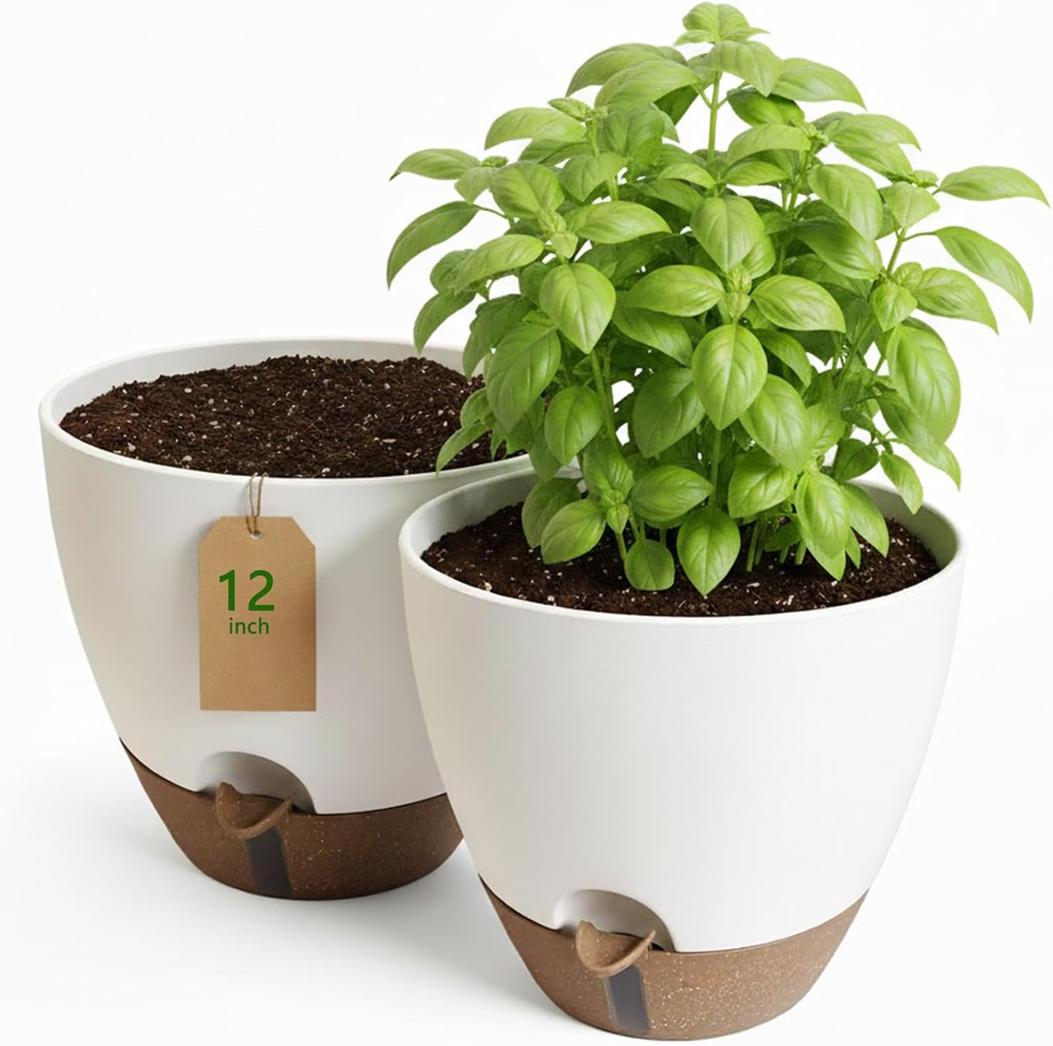 2 Pack 12 Inch Self Watering Plant Pots with Drainage Holes, Uv-Resistant Plastic Planters for Indoor Outdoor Plants, Modern Flower Pots with Tray (White)