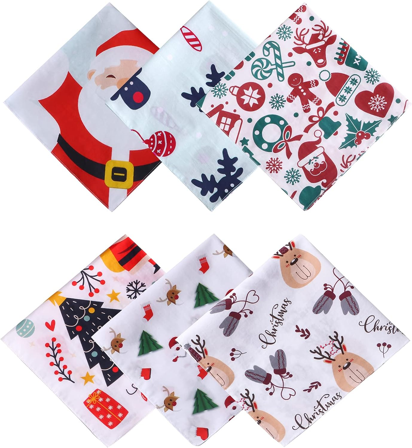 HOULIFE Christmas Handkerchief &ndash; Handkerchiefs for Ladies Cotton, 100% 60S Combed Cotton Xmas Santa Claus Moose Trees Sock Gingerbread Man Hankies Gift Set for Women Men Kids, 3/6 Pieces, 40X40Cm
