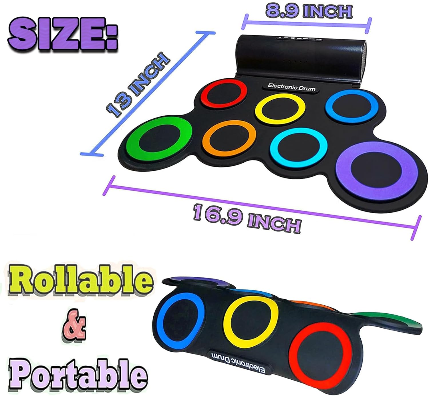 Electronic Drum Set, 7 Practice Drum Pads,Roll-Up Rechargeable Drum Set with Pedals,Sticks,Built-In Speaker/Headphone Jack, Rainbow Color image number 5