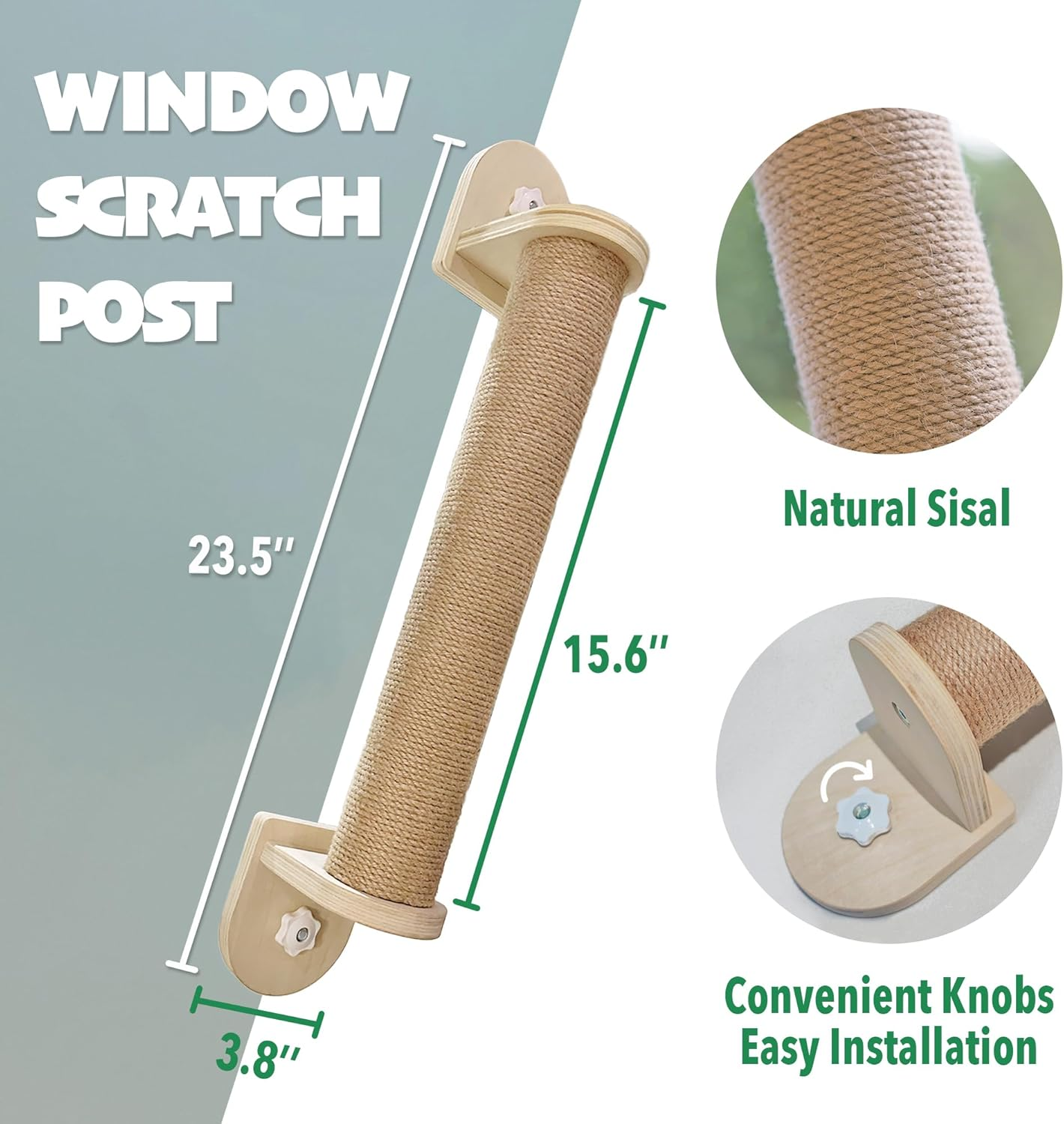 PETKARAY 23.5" Window Scratching Post for Indoor Cats, Wooden Window Perch Climber, Window Mount Cat Scratcher with Suction Cups image number 3