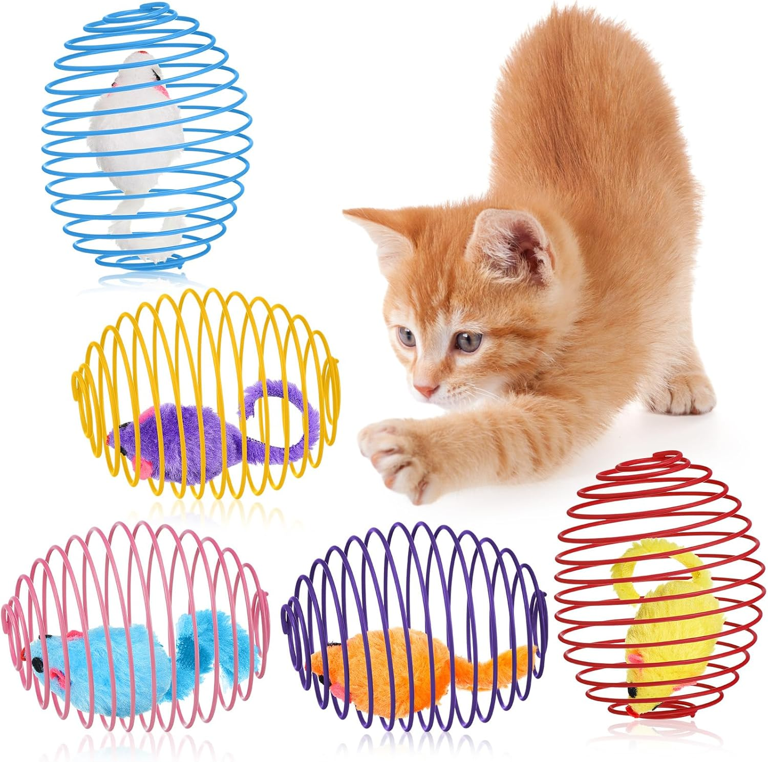 Jecery 5 Pcs Cat Spring Balls Stretchable Springs Toys Interactive Rolling Balls Colorful Playful Coils Spring Action Toy Caged Rats for Kitten Cat Pet Supplies Indoor image number 3