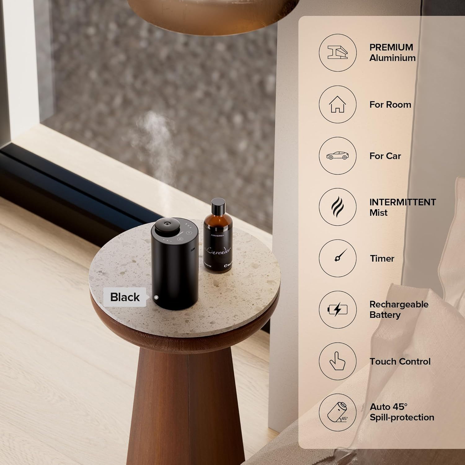 Airversa Waterless Essential Oil Diffuser for Home Aromatherapy Scent Diffusers with 3 Countdown Timer Settings or Timer-Off, 3 Mist Levels for Car Room Studio Office, ANX Premium Metal Black - Black image number 3