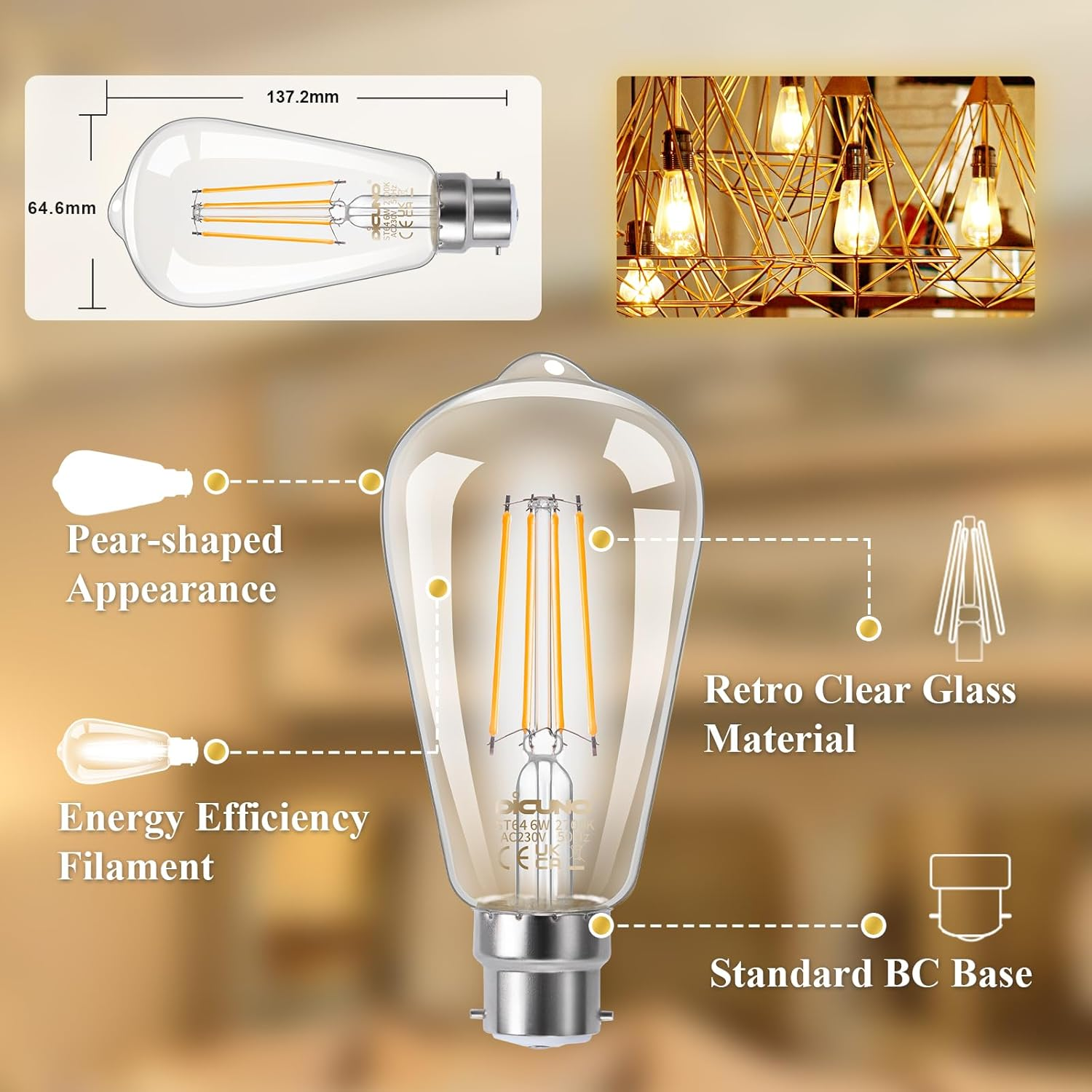 Dicuno Vintage Light Bulb B22, Bayonet Edison Light Bulb, Warm White 2700K, 6W Equivalent to 60W, 810LM, Filament Clear LED Bulb, Non-Dimmable, Pack of 6 image number 1