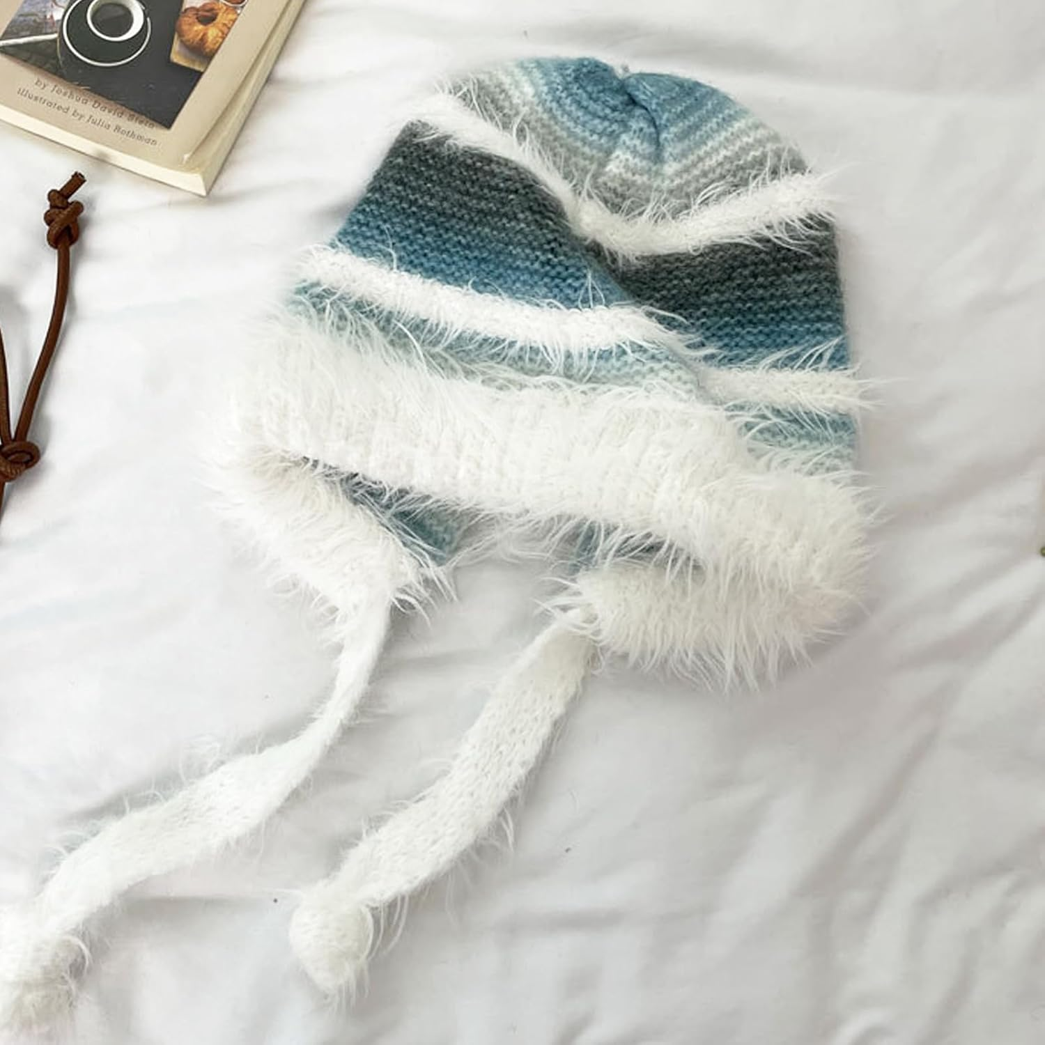 AWOCAN Women Fluffy Faux Fur Hat Winter Knitted Slouchy Beanie Cap Windproof Cover Ears Beanie Hat - Blue image number 3