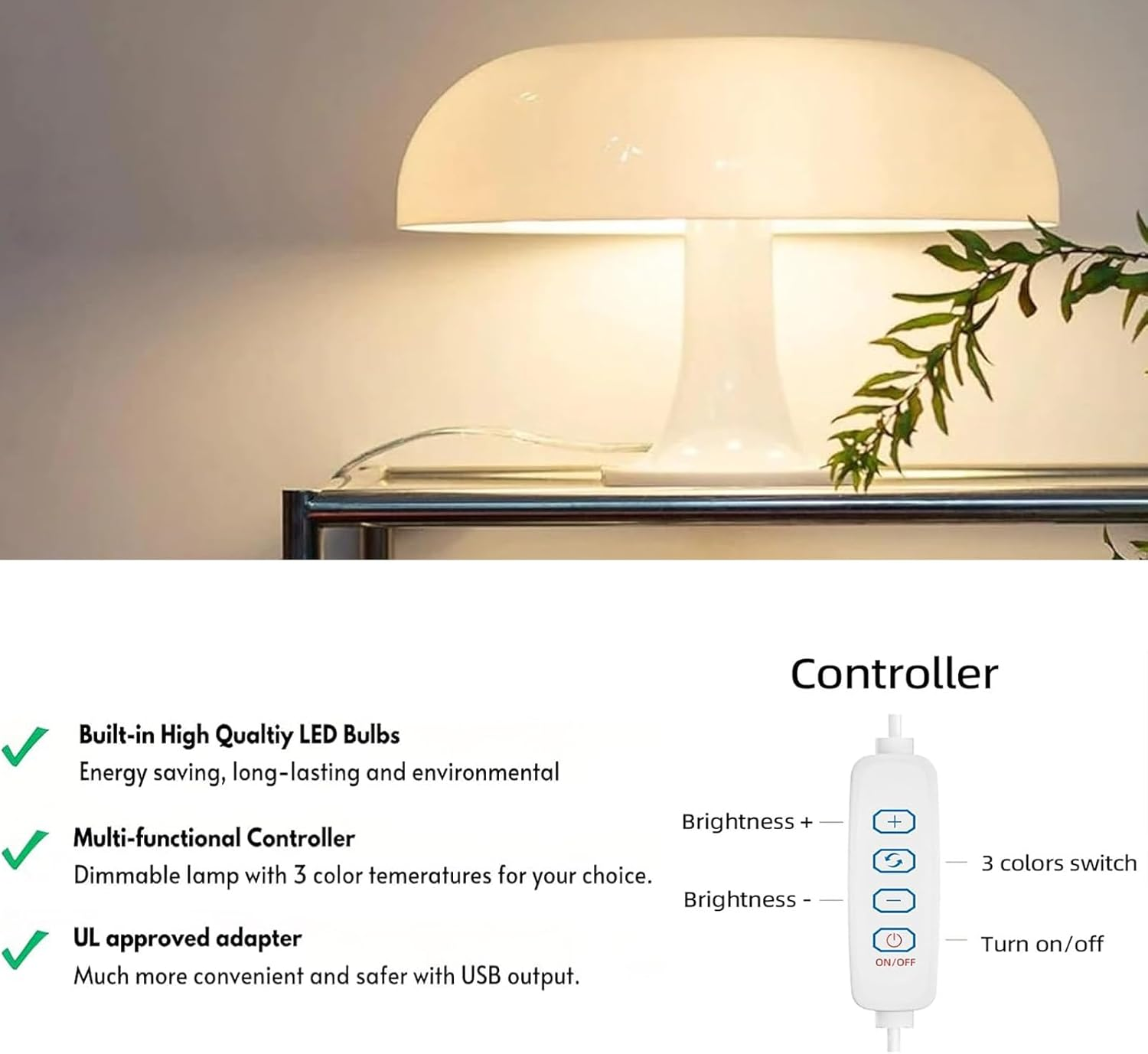 White Mushroom Lamp, Vintage Table Lamp with 3 Colors and 10 Brightness Levels, USB Powered Retro Bedside Lamp for Bedroom, Night Light, Hall, Home Decoration (White) image number 4