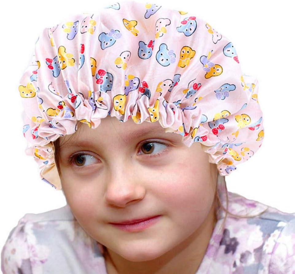 COMVIP Children Adjustable Bathing Cap Elastic Flower Satin Bonnet C: Green image number 1