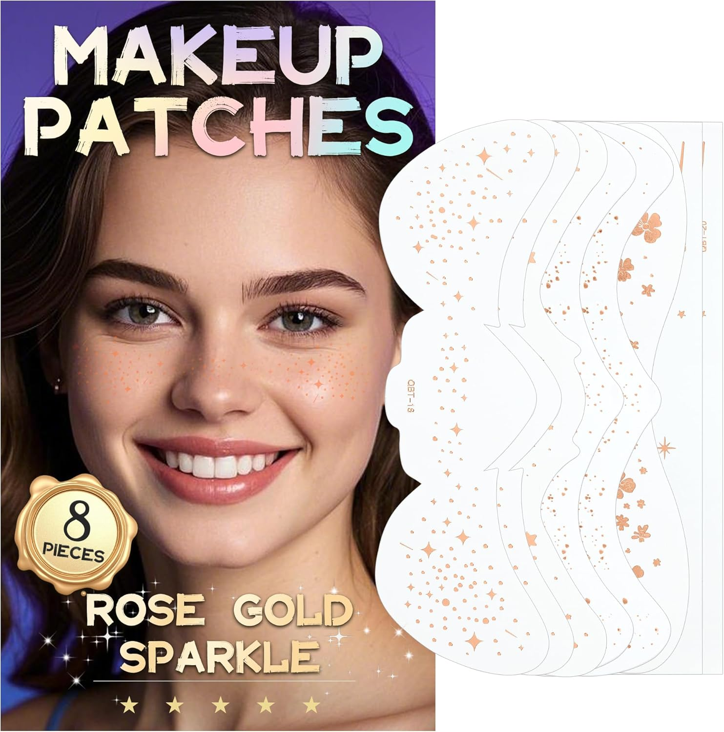 VANERIA Glitter Freckles Face Tattoo 8 PCS Sparkle Star Freckles for Girls,Face Glitter Makeup Patches (Rose Gold)