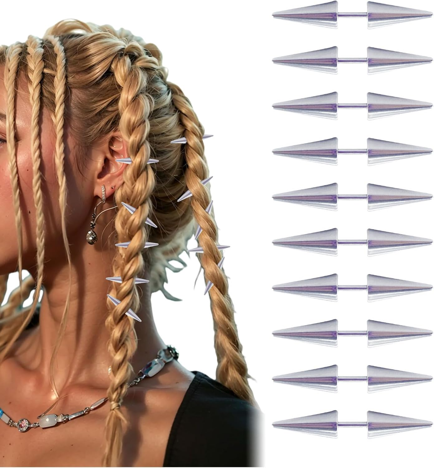 Auroriel 10-Piece Set Metal Punk Spikes Hair Clips, Goth Y2K Grunge Hair Accessories for Women, Silver, Emo Alt Gothic Jewelry for Braids, Dreadlocks and Buns image number 5