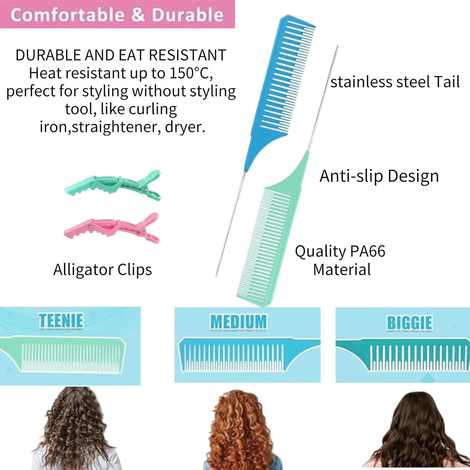 CKONXE 7Pcs Premium Highlighting Tail Combs Set,With Pastel Alligator Clips,Weaving Styling with Rat Tail Comb Teasing Foiling Combs Heat Resistant for Hair Salon Barbershop Home,Fine-Toothed Comb