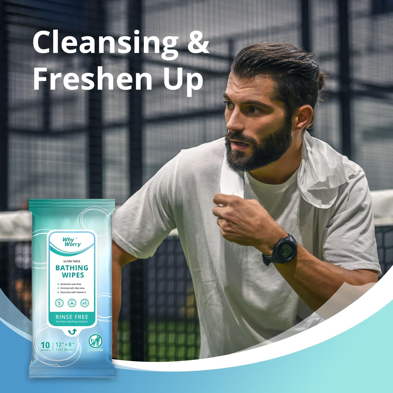 Whyworry Bed Bath Wipes for Adults Rinse Free, Ultra Thick Bathing Wipes with Aloe for Women & Men, 20 X 30 Cm Disposable Cleaning Body Wipes for Gym & Camping, Fresh Scent, 50 Count (5 Packs of 10) image number 1